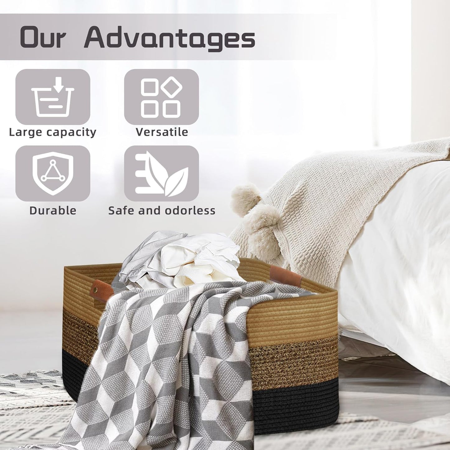 Large Collapsible Laundry Basket, Clothes Hamper for Blanket, Toy, Towels, Woven Baskets for Storage, Nursery Home Decor Living room 21.6" x 15" x 11.8" Black