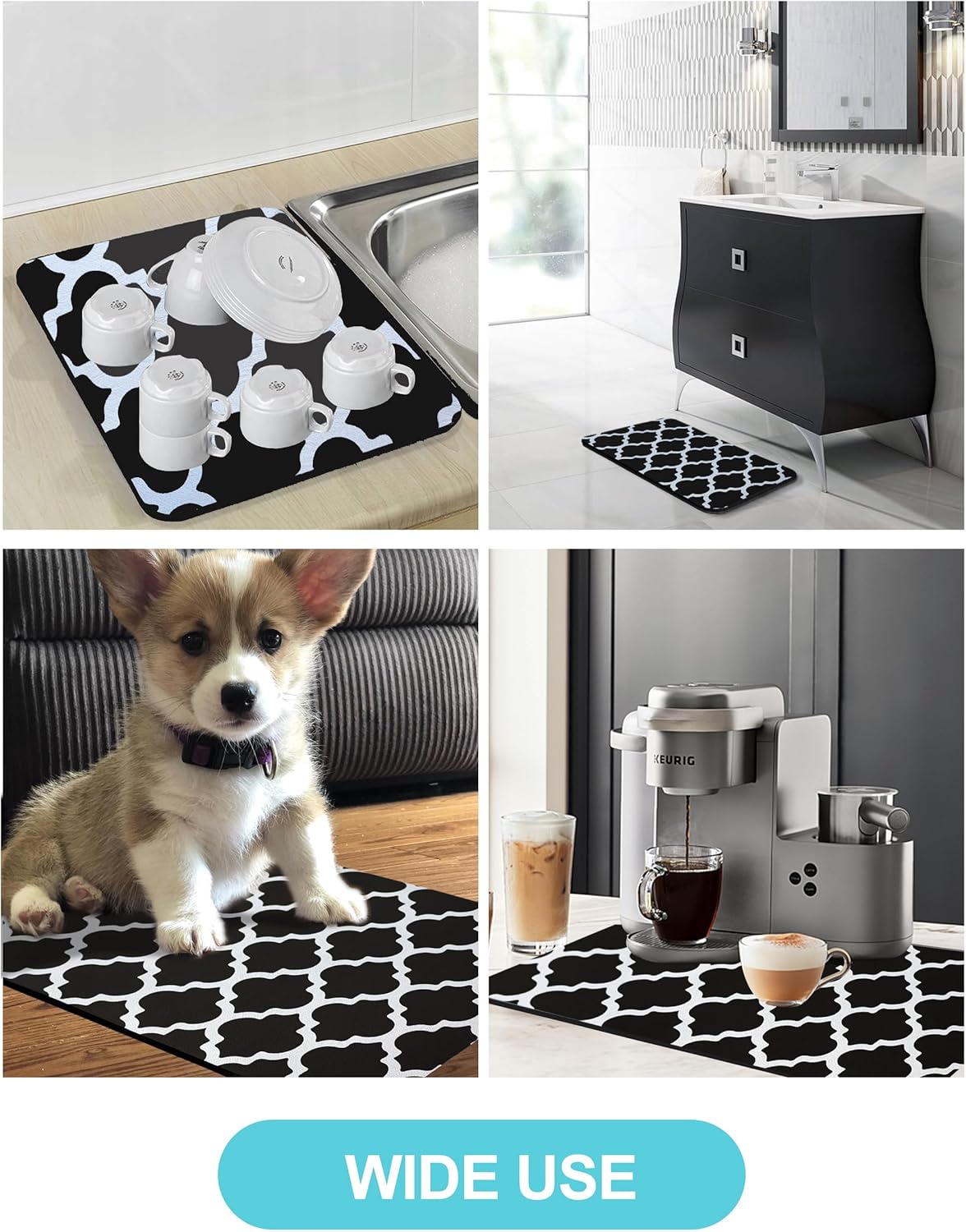 Dish Drying Mat for Kitchen Counter, 16"x24" Dish Drying Pad with Non-slip Rubber Backed, Hide Stain Anti Absorbent for Kitchen Counter, Drying Mat for Coffee Machine Dish Rack (Black Trellis)