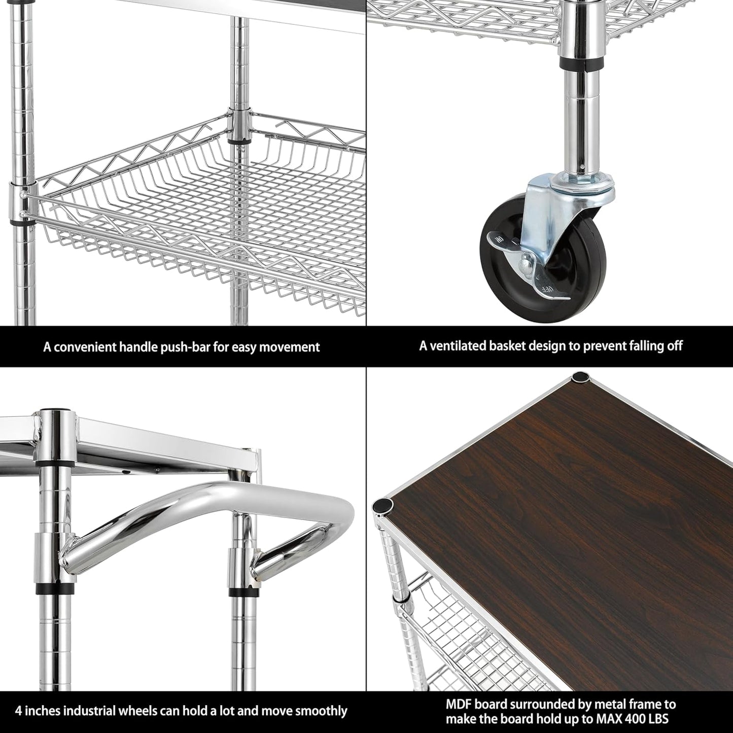 Finnhomy 3 Tier Heavy Duty Commercial Grade Utility Cart with Wood Top, Wire Rolling Cart with Wheels and Handle Bar, Kitchen Carts on Wheels, Metal Cart with 600 LBS Capacity, Chrome