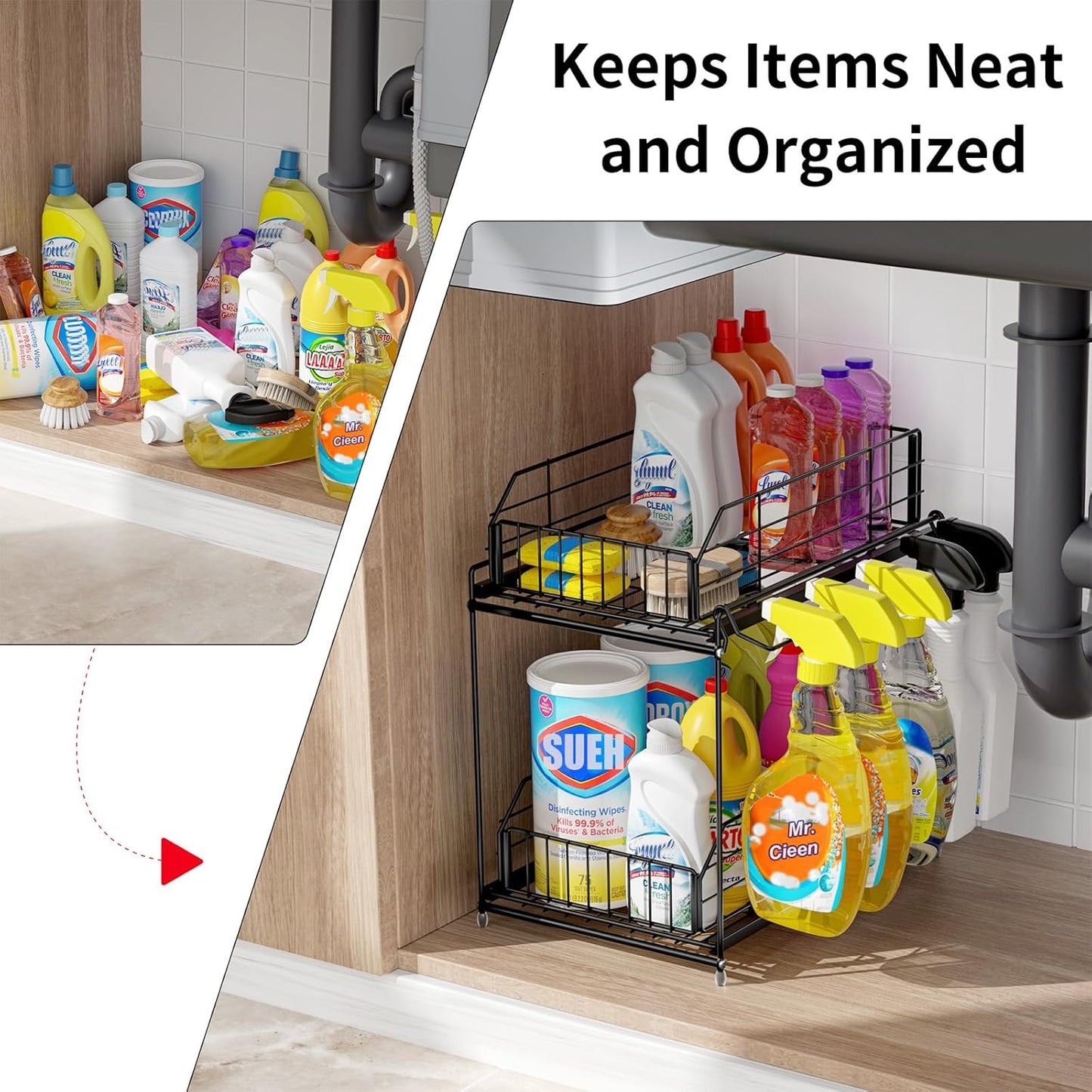 SUEH DESIGN Under Sink Organizer, 2 Tier Bathroom Cabinet Organizer Metal Kitchen Sink Organzier with Hanging Rail for Kitchen Bathroom Organization and Storage, 1 Pack