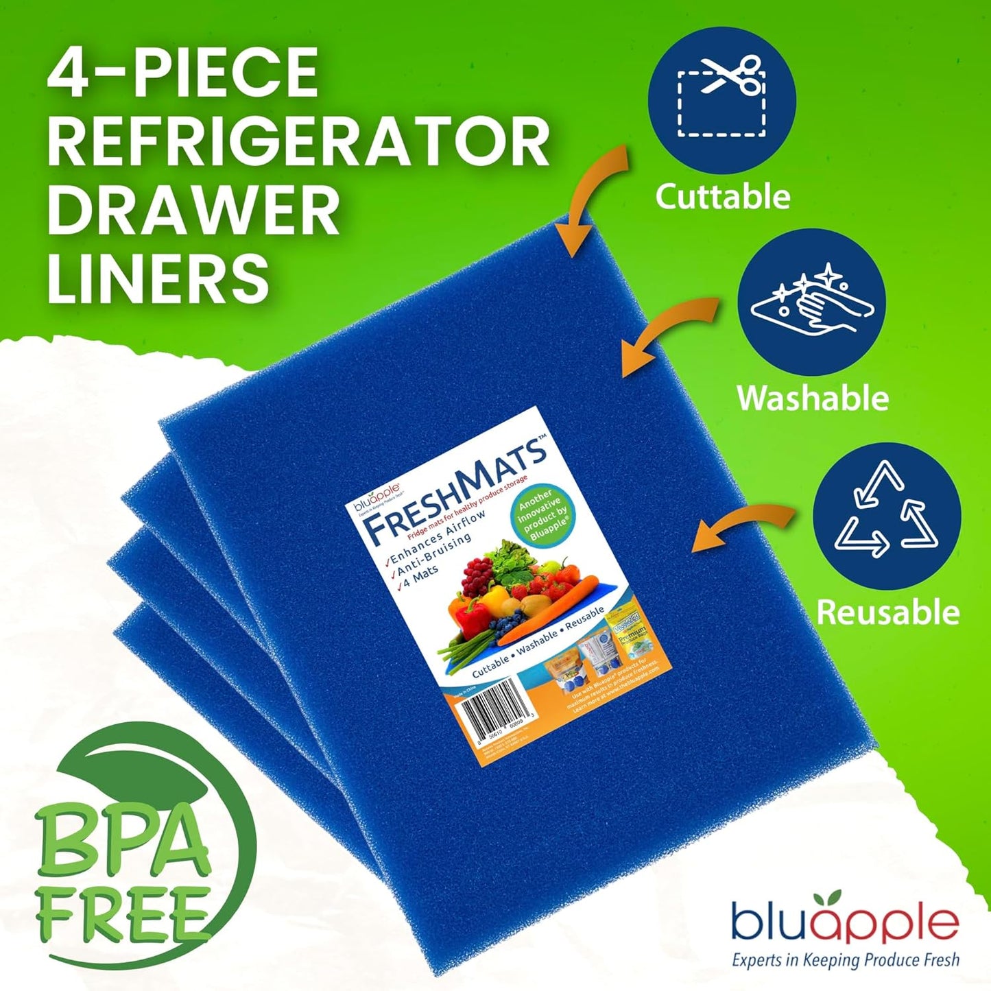 Bluapple FreshMats, Refrigerator Bin Liner, Fridge Drawer Mats, Crisper Life Extender Liner Keeps Produce Fresh Longer, Anti-Bruising, Helps Air Circulation, Washable & Reusable (4-Mats, 12x15, Blue)