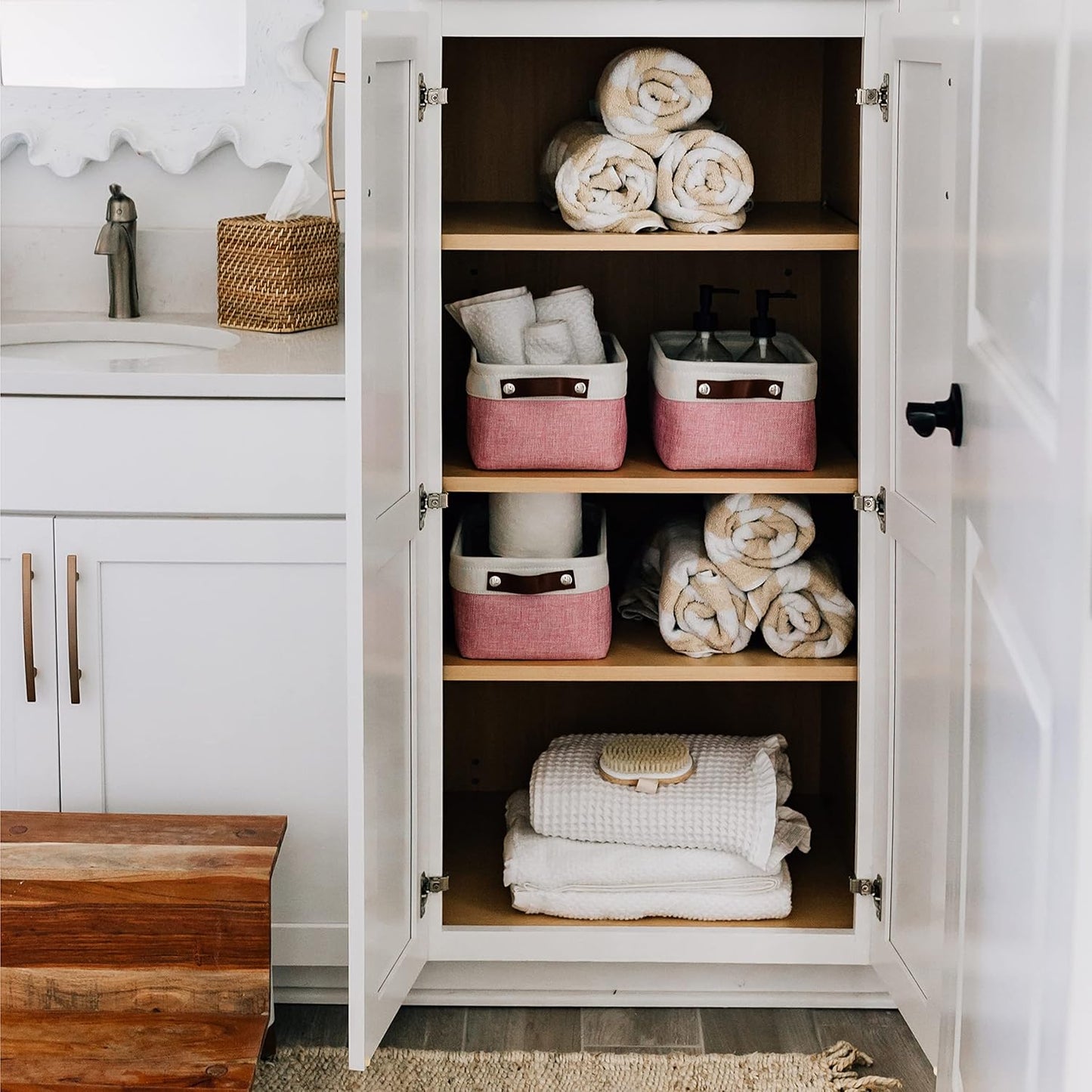 OrganiHaus Small Fabric Storage Bins for Shelves 6 Pack, 12x8in Closet Storage Bins for Shelves, Cloth Baskets for Organizing, Linen Closet Organizers, Fabric Basket, Pink/White