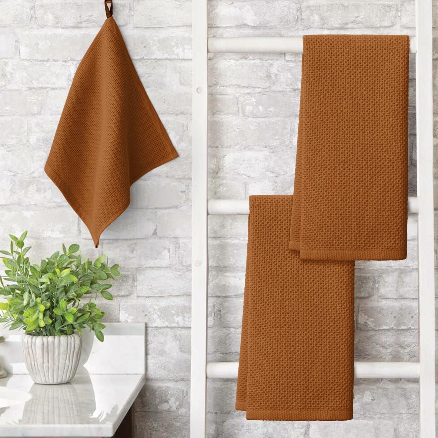 Artoid Mode 100% Cotton Caramel Waffle Weave Kitchen Dish Cloths, 13x28 Inch Ultra Soft Absorbent Quick Drying Kitchen Dish Towels Set of 4