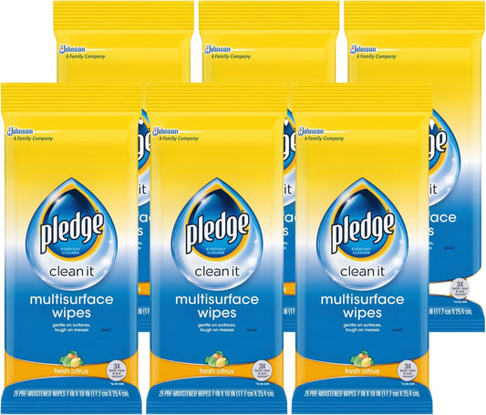 Pledge Multi-Surface Furniture Polish Wipes, Works on Wood, Granite, and Leather, Cleans and Protects, Fresh Citrus - Pack of 6 (150 Total Wipes)