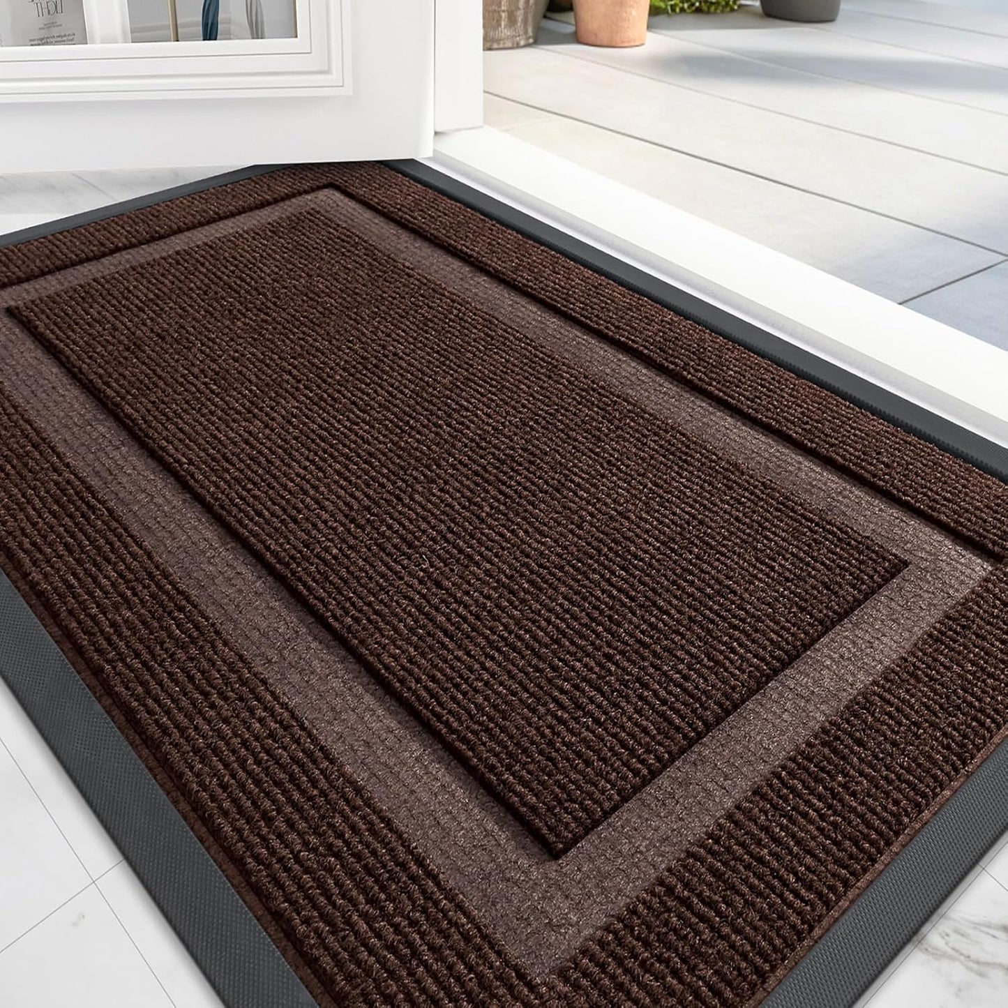 OLANLY Front Door Mat Indoor Outdoor Entrance, Waterproof All-Season, All-Weather Doormat, Sturdy Natural Rubber, Fade Resistant, Low Profile, Easy Clean Patio Porch Entryway Mat, 29.5x17, Dark Brown