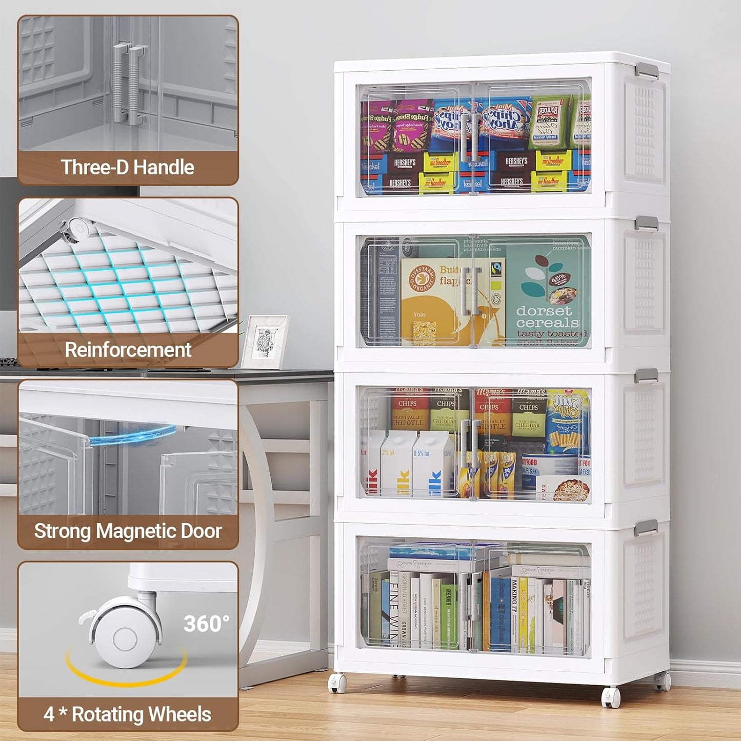 BROVIEW 324 Qt Plastic Storage Bins with Lid, Doors & Wheels, 3Pack Extra Large Stackable Collapsible Storage Bins, Closet Organizers and Storage Drawer, Foldable Cabinets for Home Office, White