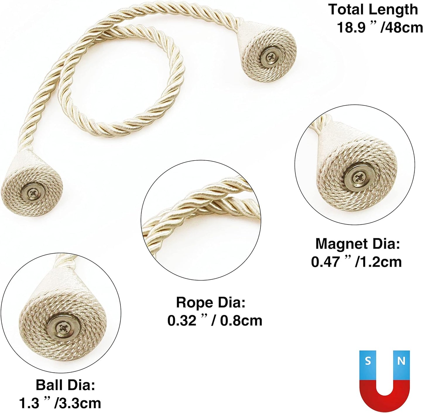4 Pack Magnetic Curtain Tiebacks Rope Modern Handmade Curtain Tie Backs Decorative Drapes Weave Holdbacks for Window Décor, Beige