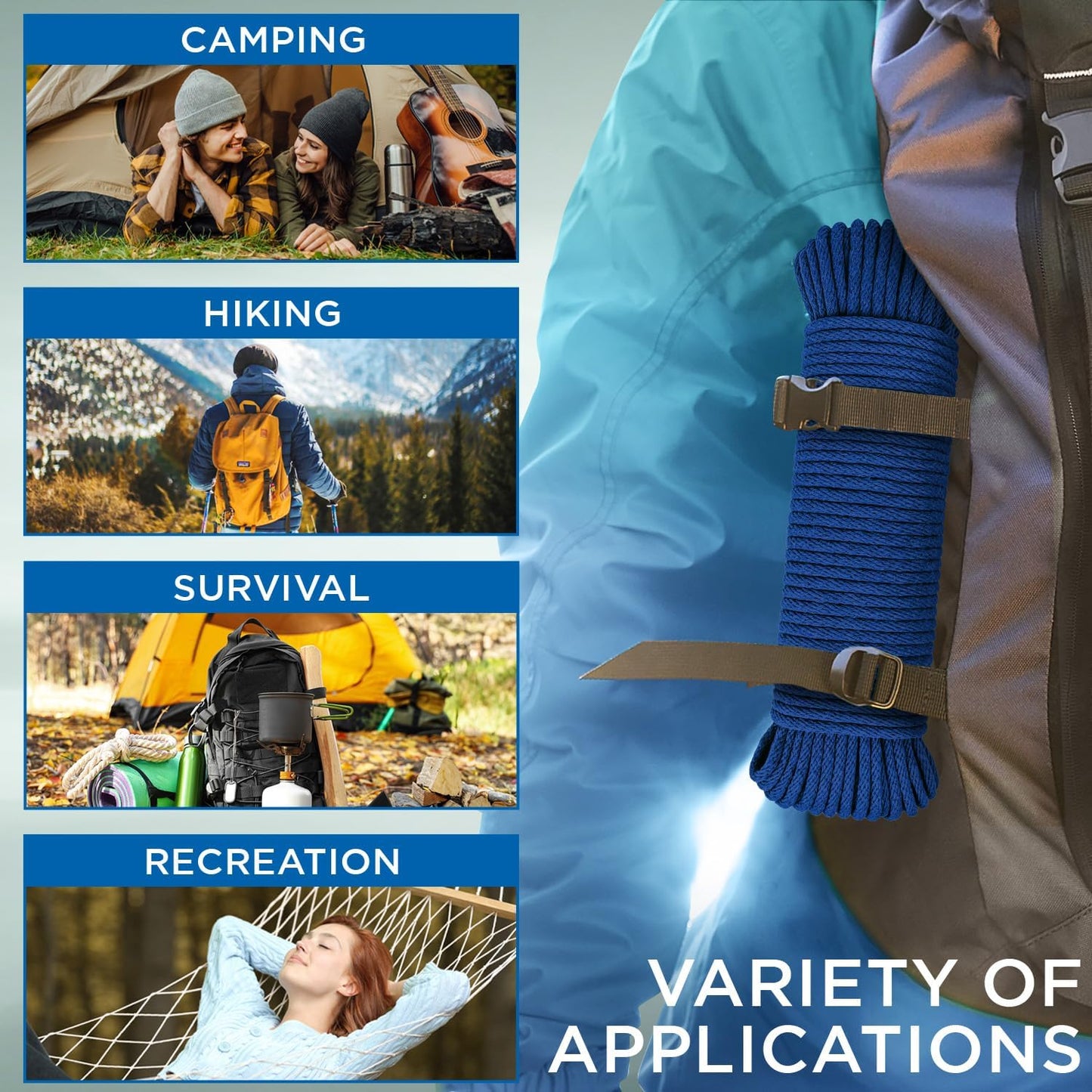 TECEUM Cotton Rope 3/16” (5 mm) – 100 FT – Strong All-Purpose Braided Rope – Natural Cotton – for Crafting, Сamping, Clothes Line, DIY, Indoor & Outdoor Use – Blue