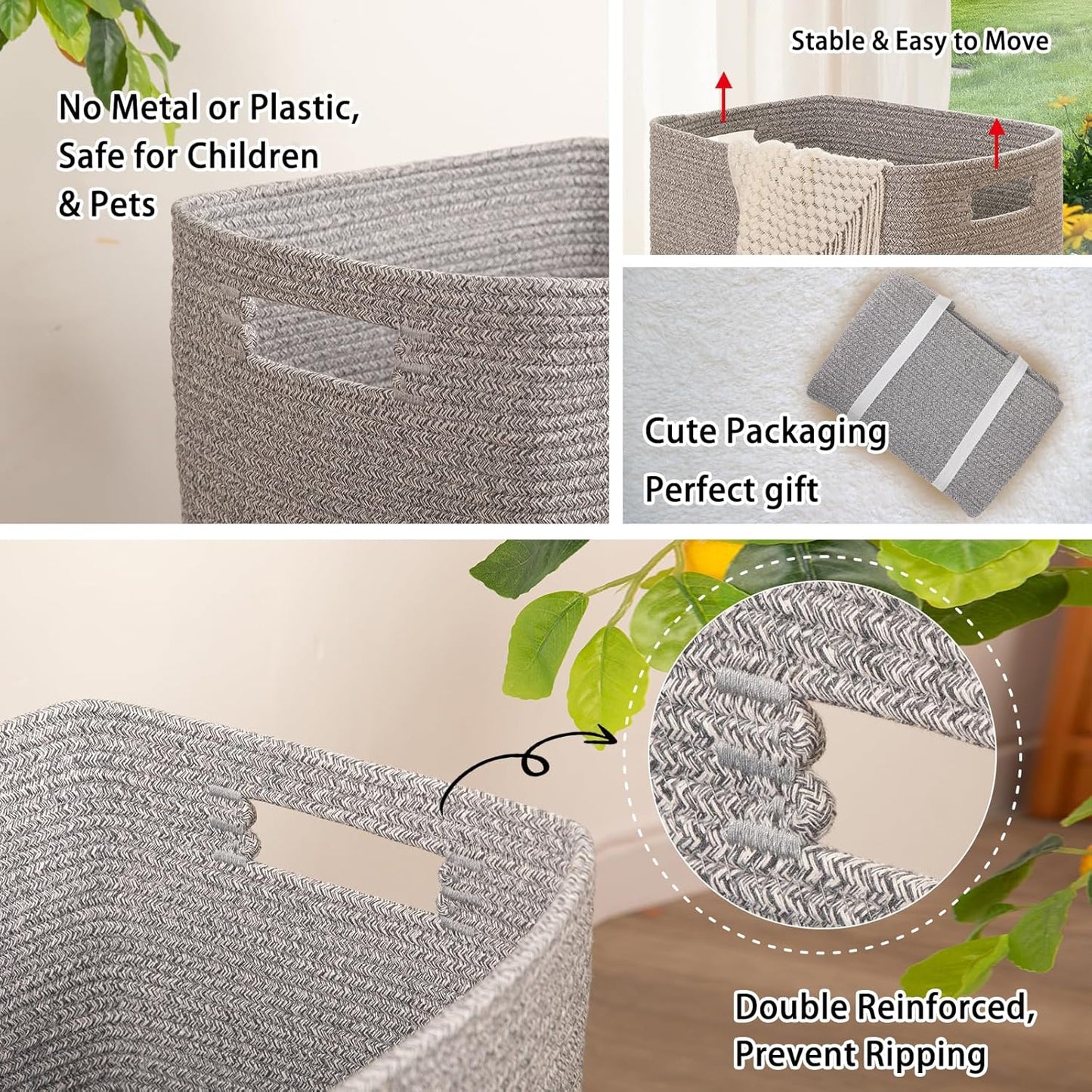 OIAHOMY Laundry Hamper, Laundry Basket，Rectangle Cotton Storage Basket with Handles, Large Blanket Basket for Living room, Woven Decorative Storage for Toys,Clothes,Pillows-16x13x22in-Grey variegated