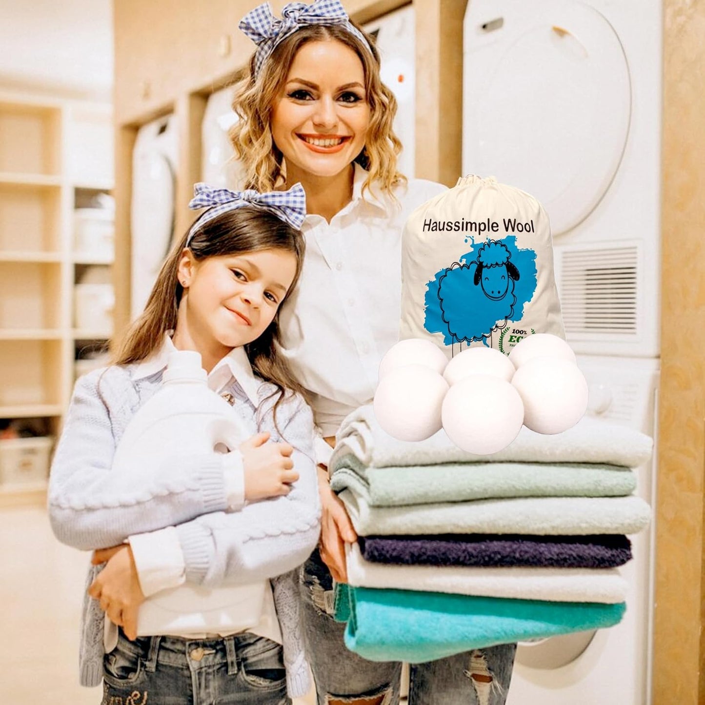 Wool Dryer Balls Organic Felt 6 Pack Laundry Fabric Softener, Extra Large Reusable Handmade Natural Sheep Wool Lint Wrinkle Free Anti Static Baby Safe (Plain White)