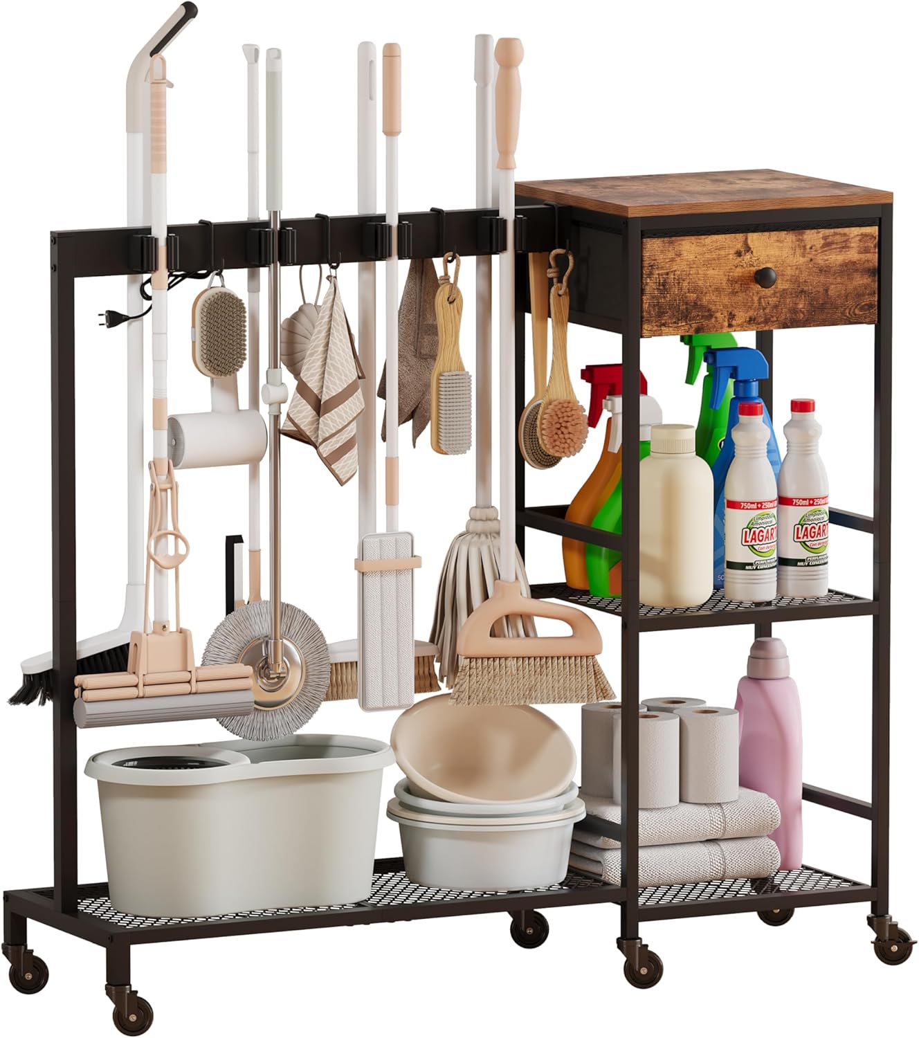 Heavy Duty Metal Cleaning Cart with Wheels,Broom Holder with Cleaning Supplies Organizer,Broom Storage Cart with Mop Hanger Gripper Rack Hooks for Home, Commercial (Rustic Brown, 37.6" L)