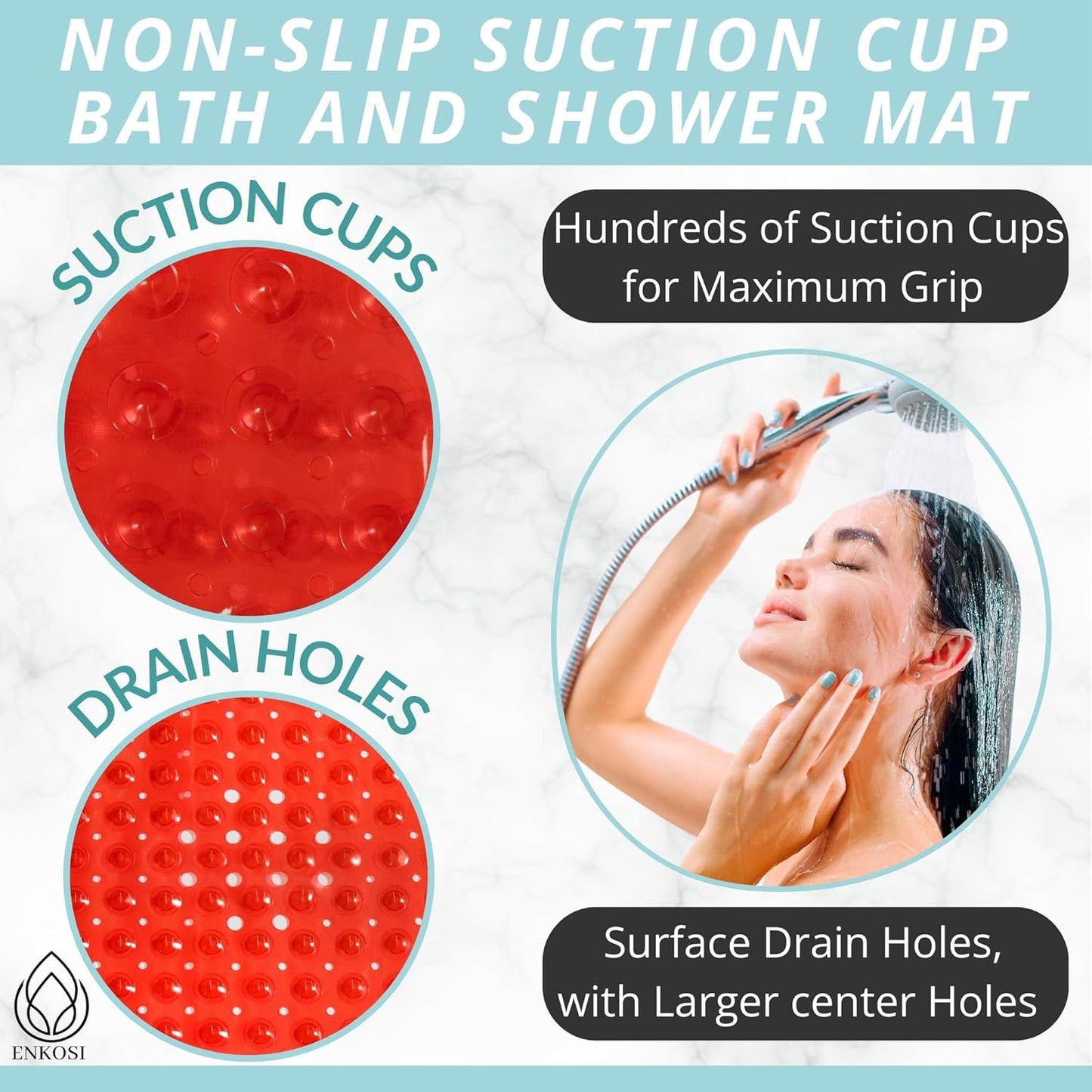 ENKOSI Non-Slip Bath Mat – Extra Long 40 x 16 Bathtub Shower Mat – Anti Slip Safe PVC Bathroom Tub Mat with Suction Cups & Drain Holes for Safety and Decor (40x16 Red)