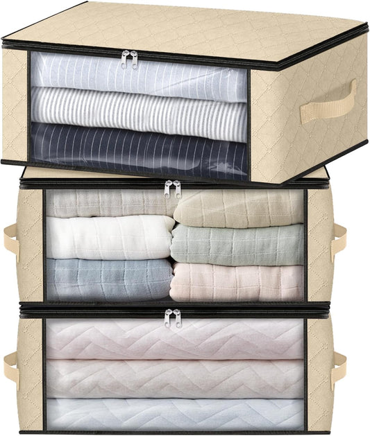 HomeHacks Storage 3-Pack Clothes Organizer Storage Bags Foldable Storage Box with Large Clear Window Sturdy Handles for Closet, Dorm, Pillows, Bedding, Clothes, Blankets, 35L, Beige