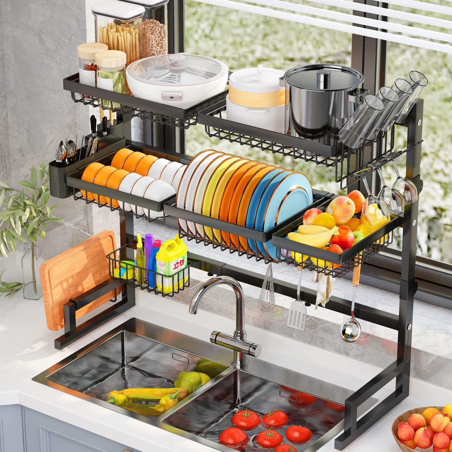 Over Sink Dish Drying Rack (Expandable Height/Length) Snap-On Design Large Dish Drainer Storage Counter Organizer (31-39.5L x 12W x 34-38H inches)