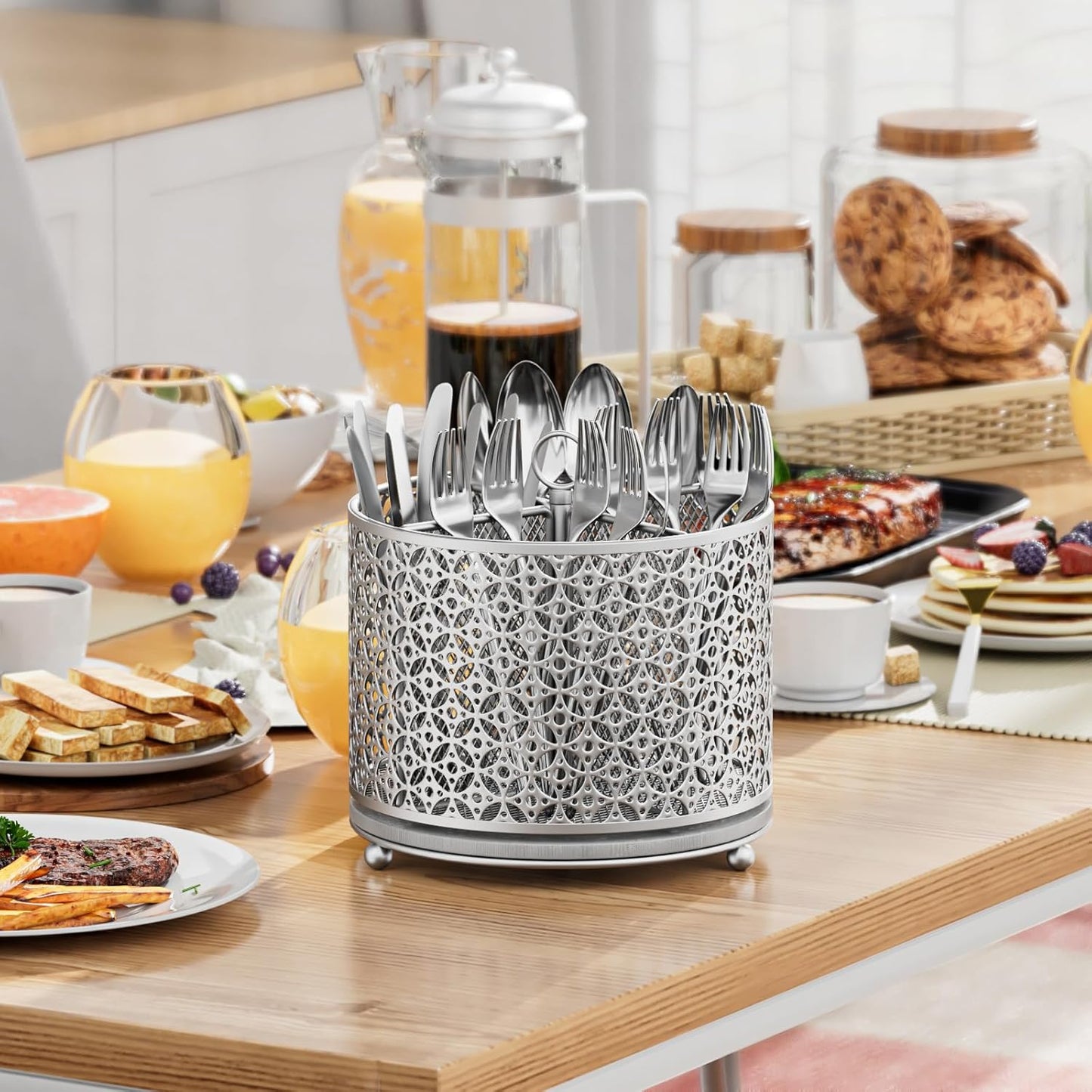 Rotating Utensil Holder for Kitchen - Silverware Caddy Fast-Drying Flatware Organizer 4 Compartment Large Cutlery Holder Utensils Caddy with Handle For Kitchen Countertop Party Picnic Table Silver