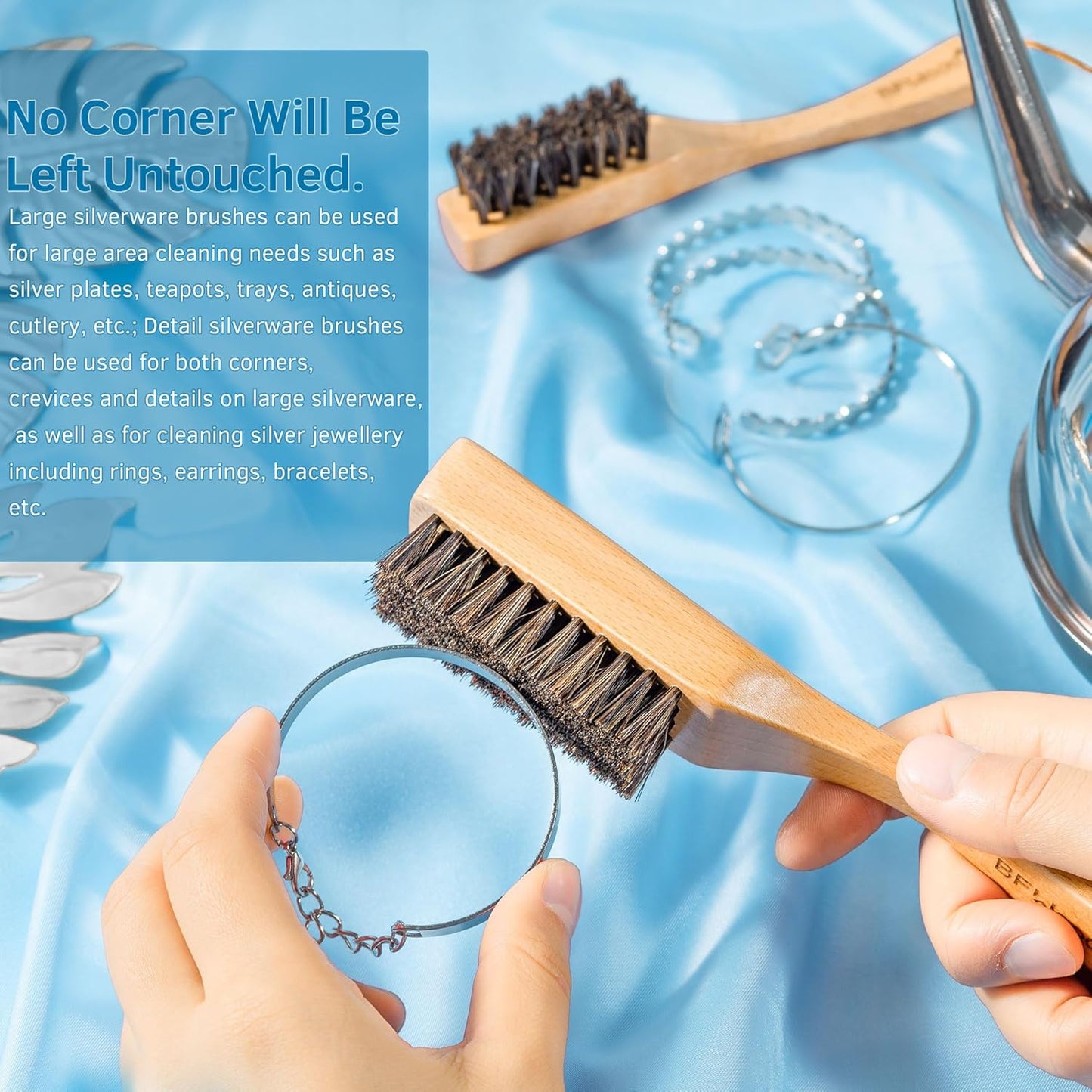 BFWood Horsehair Silver Brush - 2PCS Detailing Brush Set for Silverware - Jewelry Cleaning Brushes for Sterling, Cutlery, Metal - Perfect Match for Silver Polish