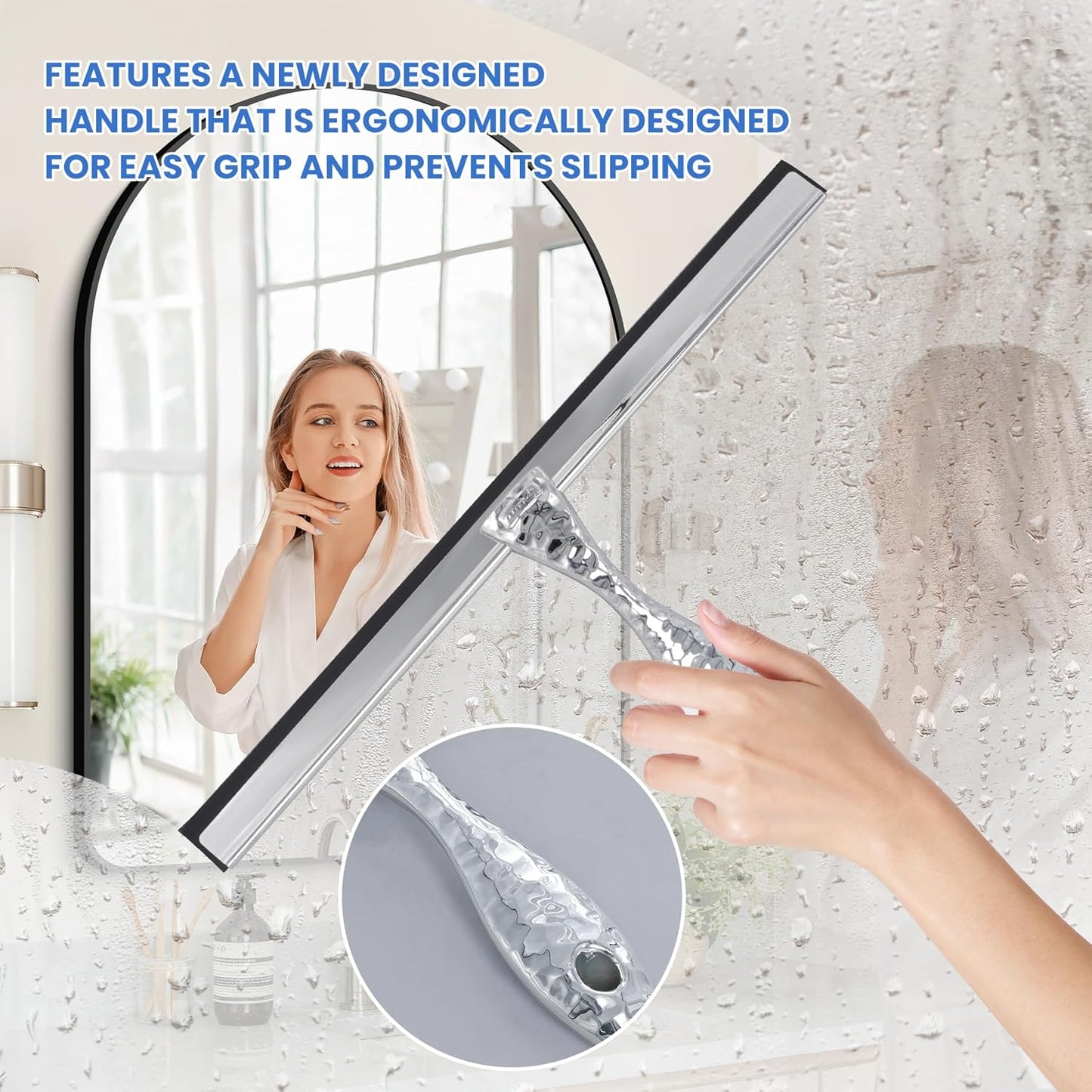 All-Purpose Silicone Shower Squeegee for Shower Glass Door,with 1 Hooks,for Bathroom Glass, Car, Tile Wall, Mirror Cleaning - Flower Shaped Handle for Easy-Grip 14 Inch Silver