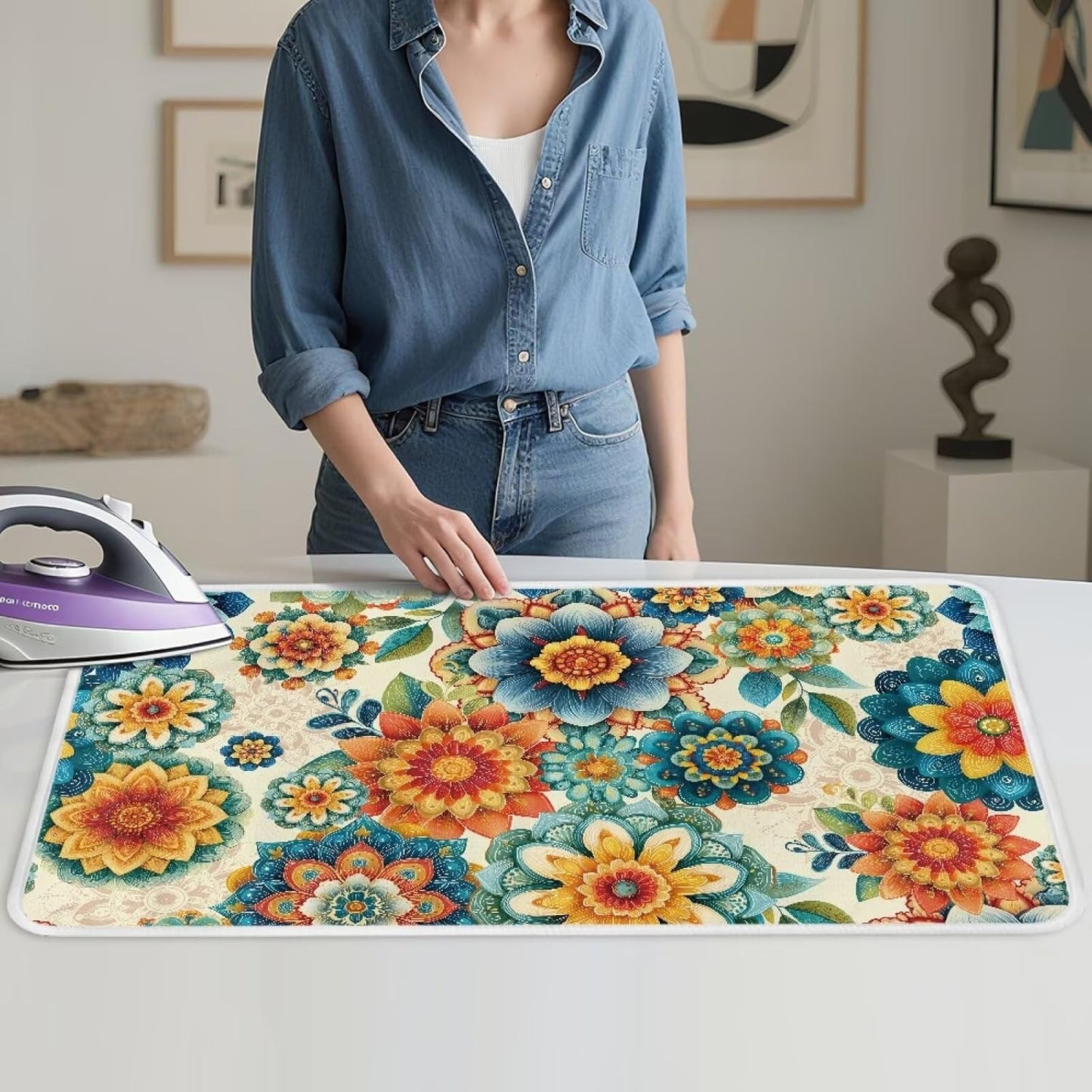 Boho Ironing Mat Foldable Ironing Pad Portable Board Iron Board Alternative Cover,Foldable Cover Flower Small Iron Mat for Table Top,Washer and Dryer 32 x 16 Inch