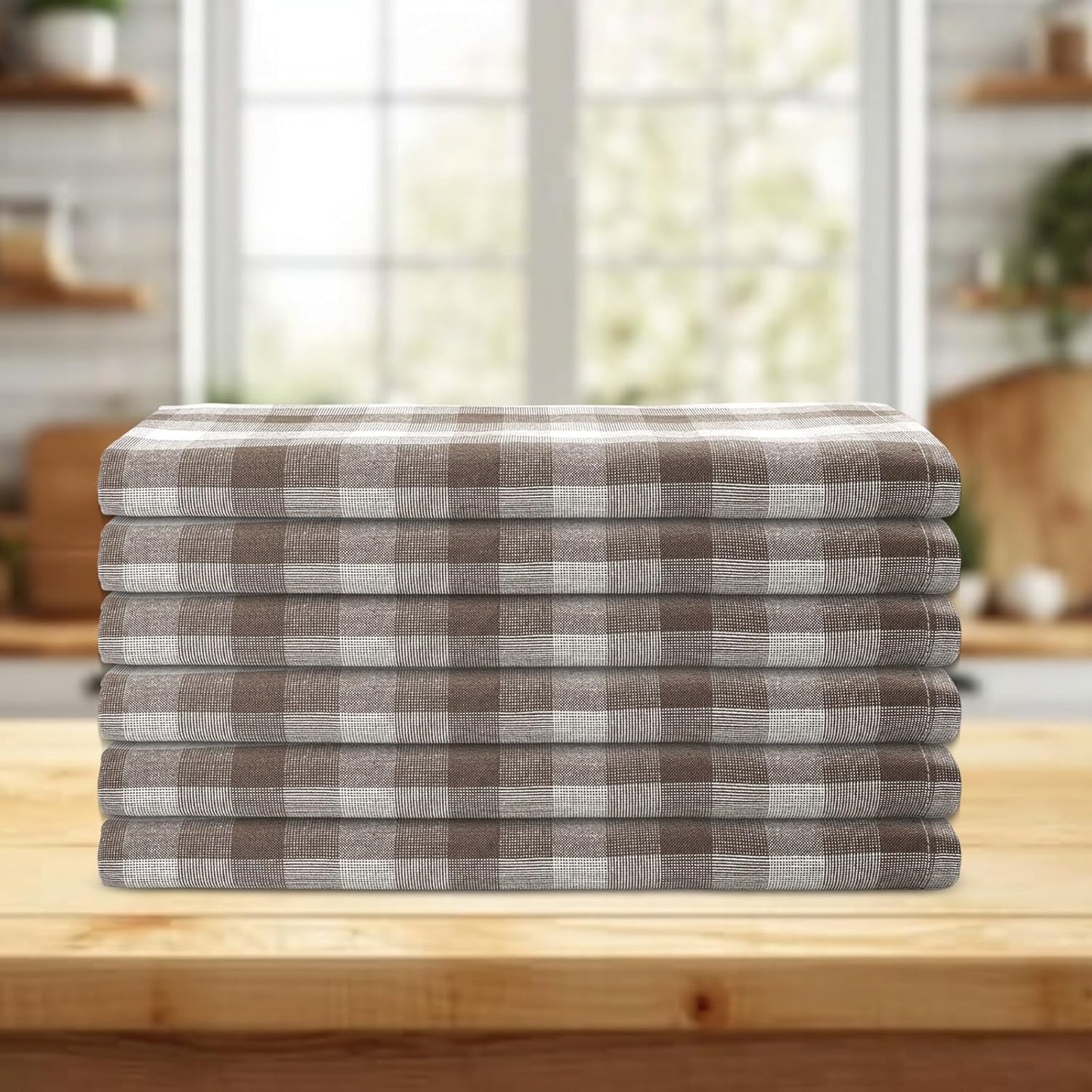 Kitchen Towels Set of 6 Brown/Ivory Checks 20x30 Inches 100% Cotton Highly Absorbent Kitchen Towels Premium Quality Ultra Soft Mitered Corners