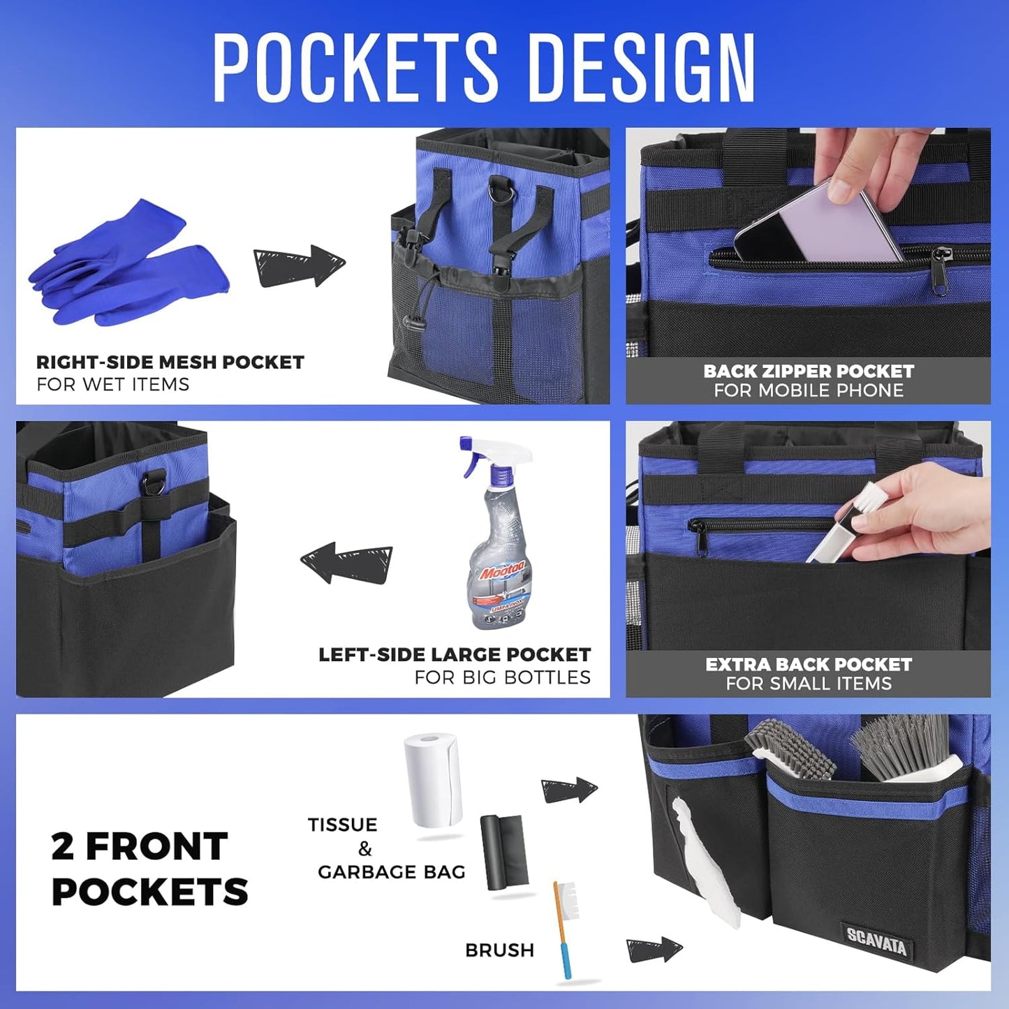 Compact Wearable Cleaning Caddy, Small Supplies Organizer with Handle & Shoulder Straps for Housekeepers, Under Sink & Car Cleaning Tool Organizer Bag (Blue)