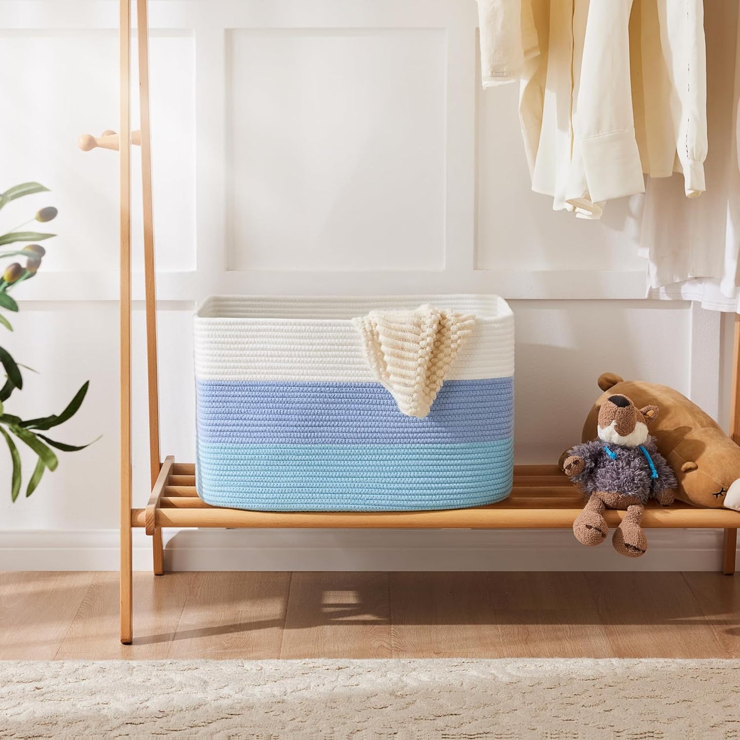 Blanket Basket,Rectangle Woven Baskets for Storage,100L Laundry Basket for Decorative Nursery Blanket,Toys,Dirty Clothes and Magazine in Shelves,Baby Room,and Living Room