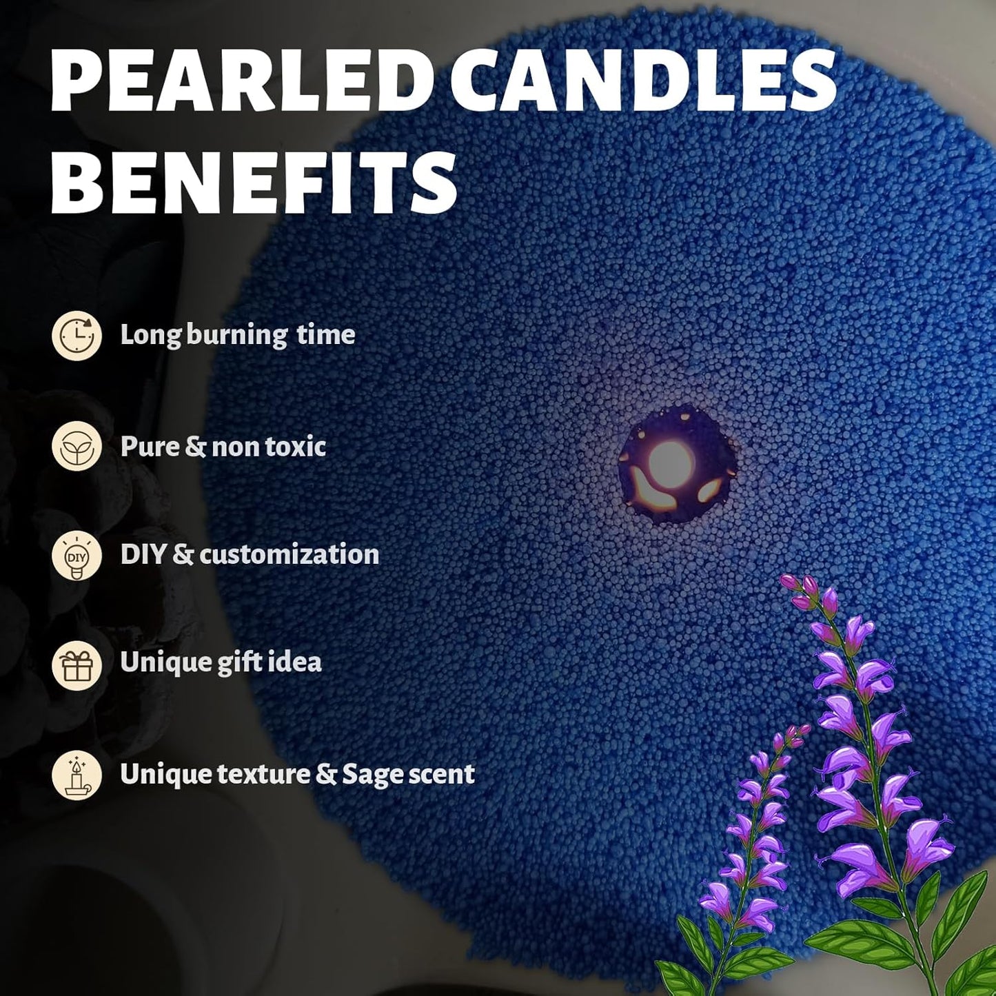 Salvia Scented Blue Pearled Candle 18oz Luxury Sand Candle Granulated Wax - 30 Cotton Wicks - Wax for Candle Making Decorative Candles Smooth and Clean Burning Lasts up to 120 Hours