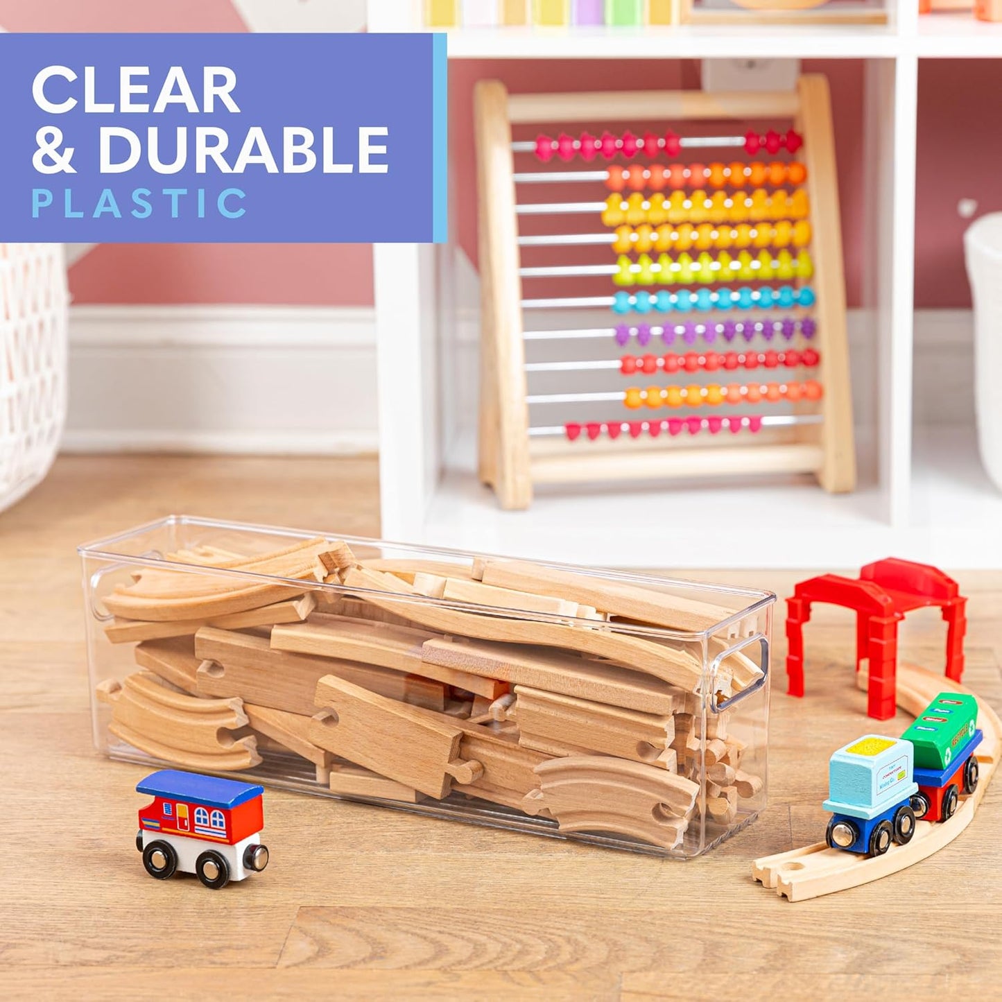 Plastic Food Storage Clear Container Bin with Handles for Organizing Kitchen, Pantry, Refrigerator, Freezer, Pantry, Cabinet, Closet, Bathroom. 14”x4”x5”