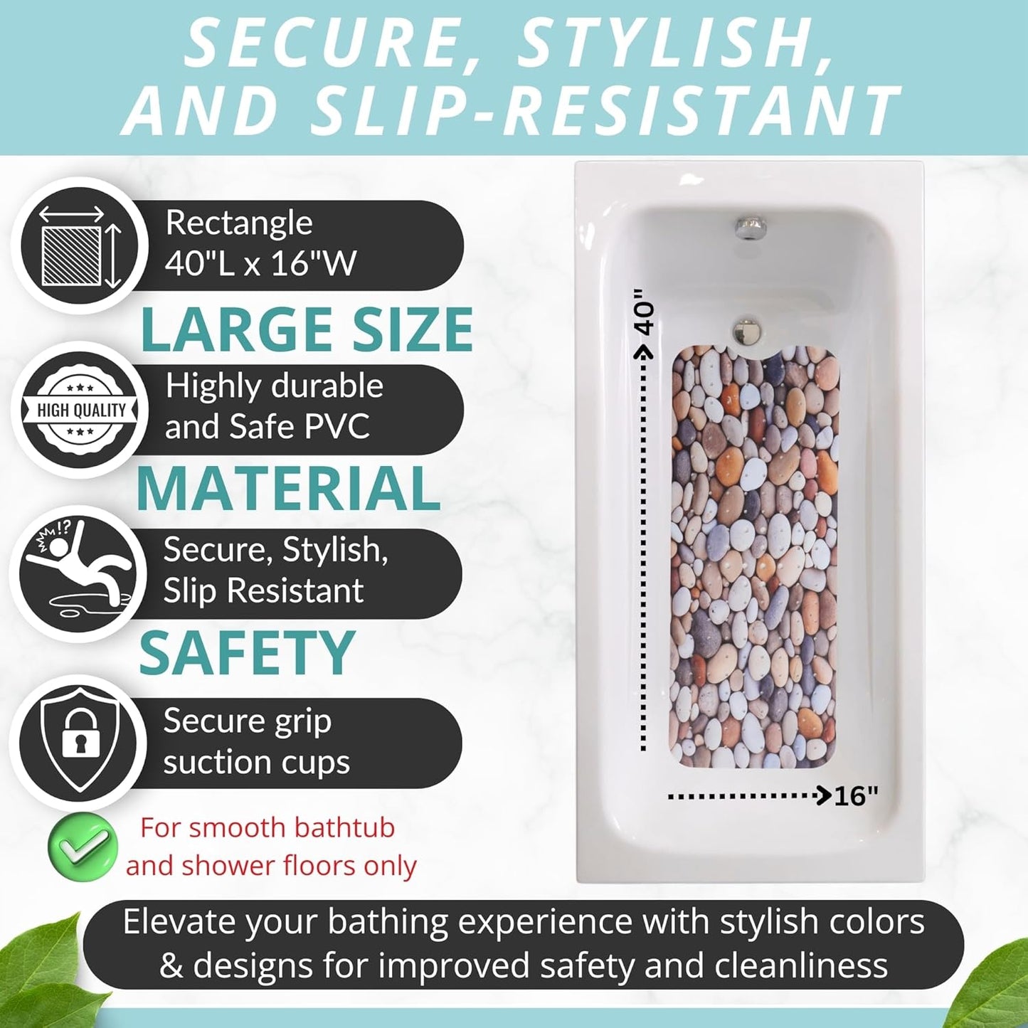 ENKOSI Bath Mat – Large 40 x 16 Inch Non-Slip Bathtub Mat with Suction Cups & Drain Holes – Extra Long Bathroom Shower Mat for Tub with Pebble Design (40x16 Pebble Stone)