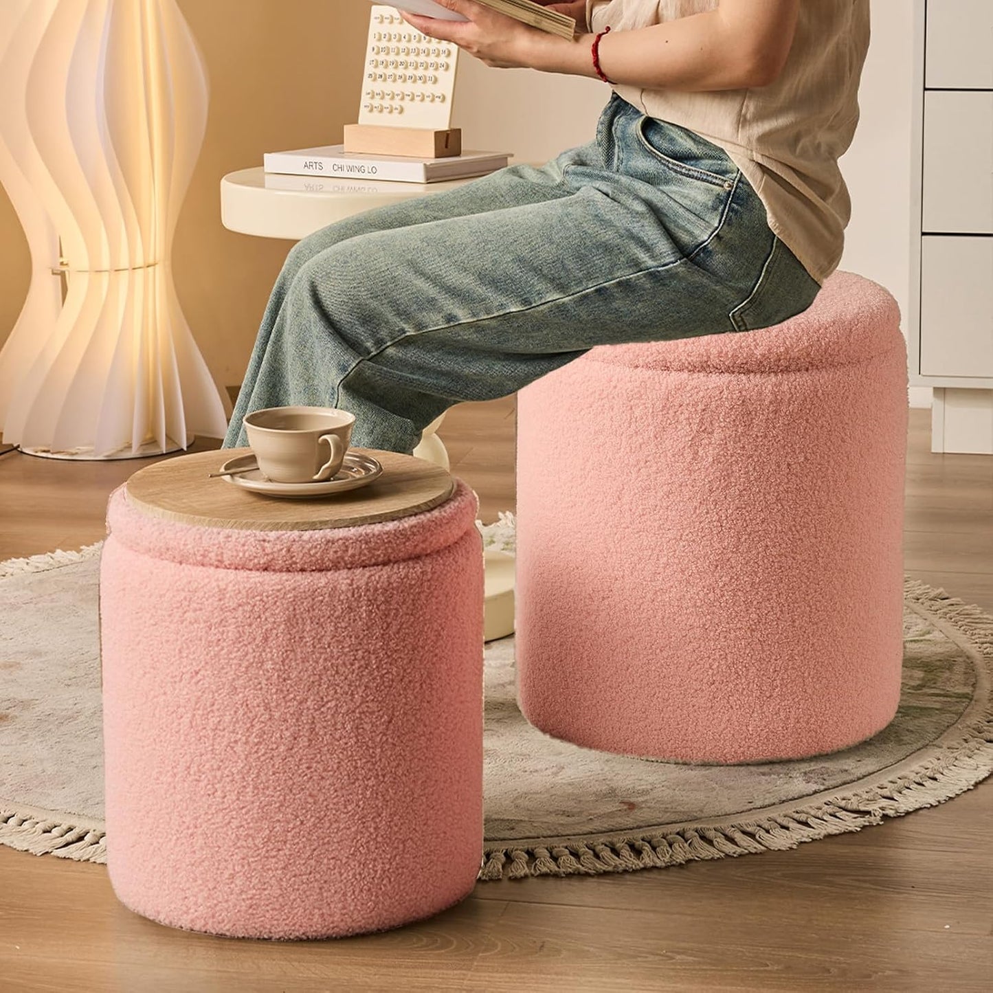 Round Ottoman with Storage Set of 2-Upholstered Sherpa Vanity Stool for Makeup Multifunctional Ottomans Coffee Table Padded Seat Foot Rest for Living Room&Bedroom(Sherpa Pink)
