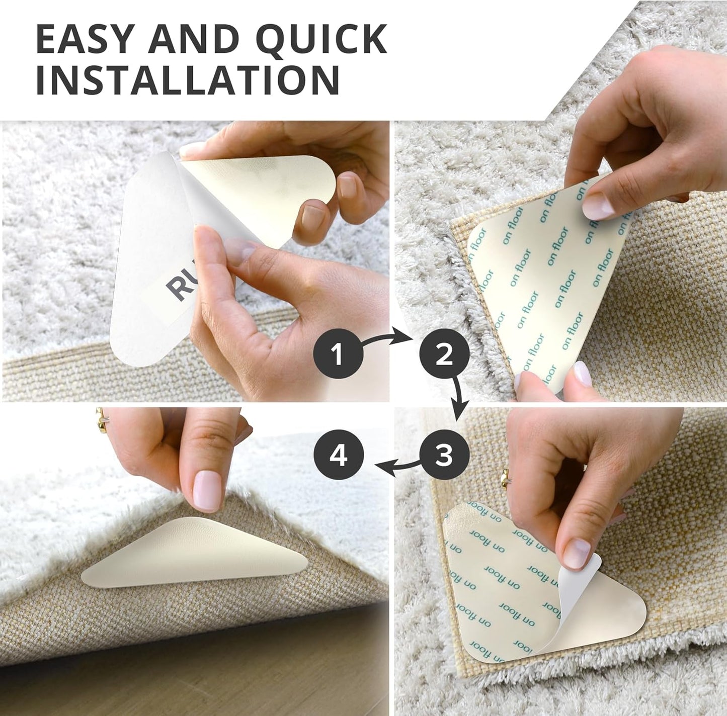 X-Protector Rug Tape - 8 Pcs Set - White Anti-Slip & Anti-Curling Carpet Tape for Hard Floors - Premium Rug Pad Gripper - Ideal Carpet Corner Grippers to Keep Your Carpet in Place & Make Corners Flat