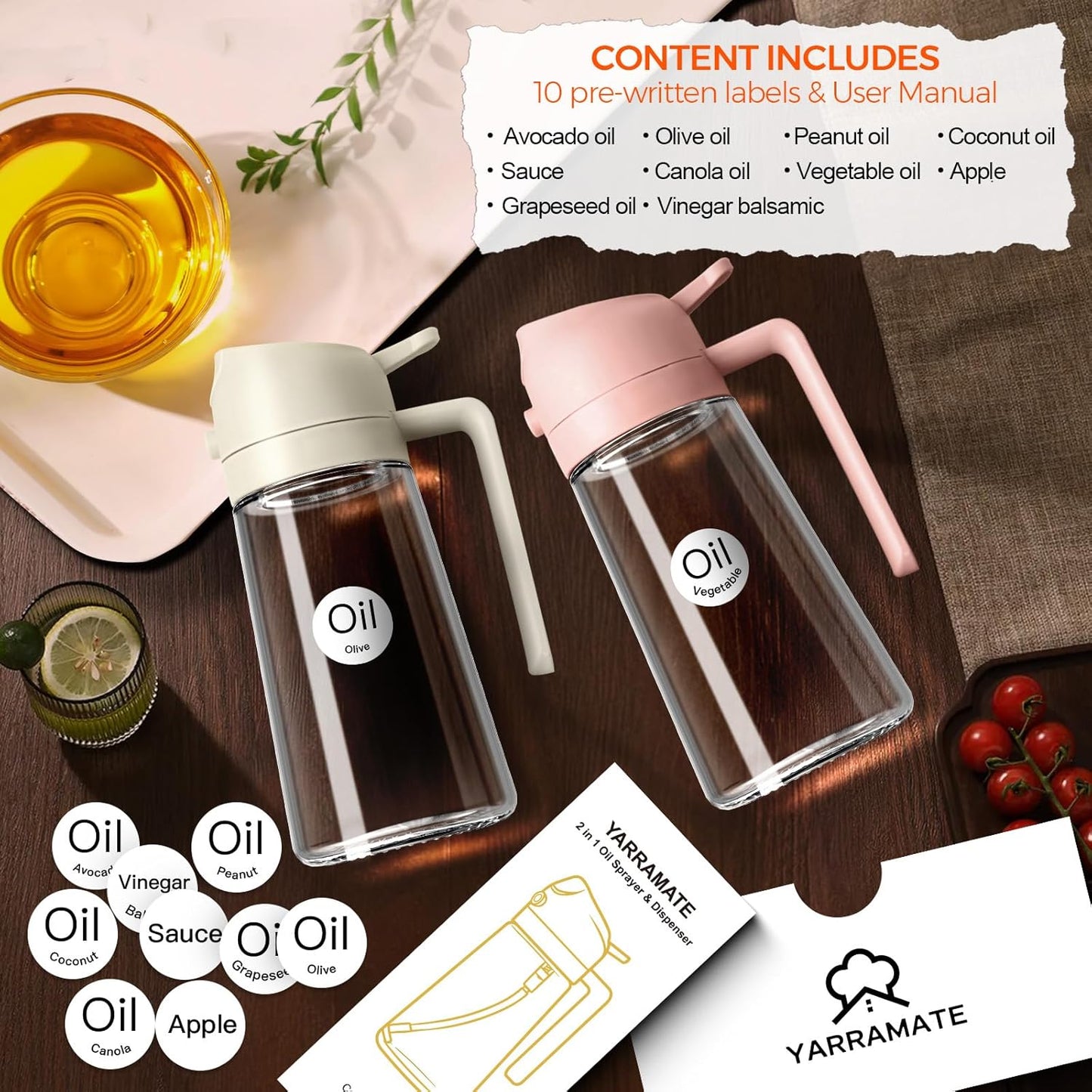YARRAMATE 16oz/470ml Glass Olive Oil Sprayer for Cooking with Stickers, 2 in 1 Oil Dispenser for Kitchen Gadgets, Food Grade Premium Spray Bottle for Salad, Frying, BBQ (PeachPink)