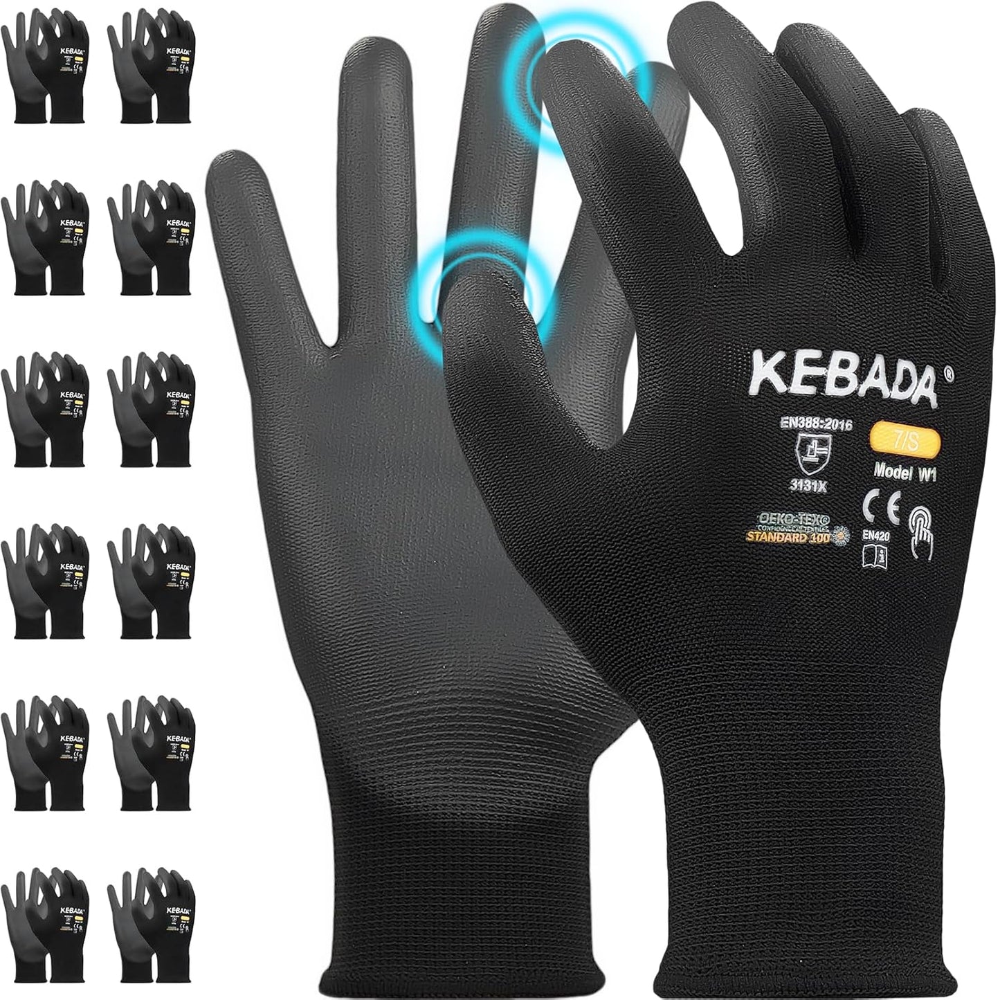 Kebada W1 Work Gloves for Men and Women, PU Coated Safety Gloves with Grip, Touchscreen, Ideal for Warehouse Package Handling, Construction, Gardening, Black Small