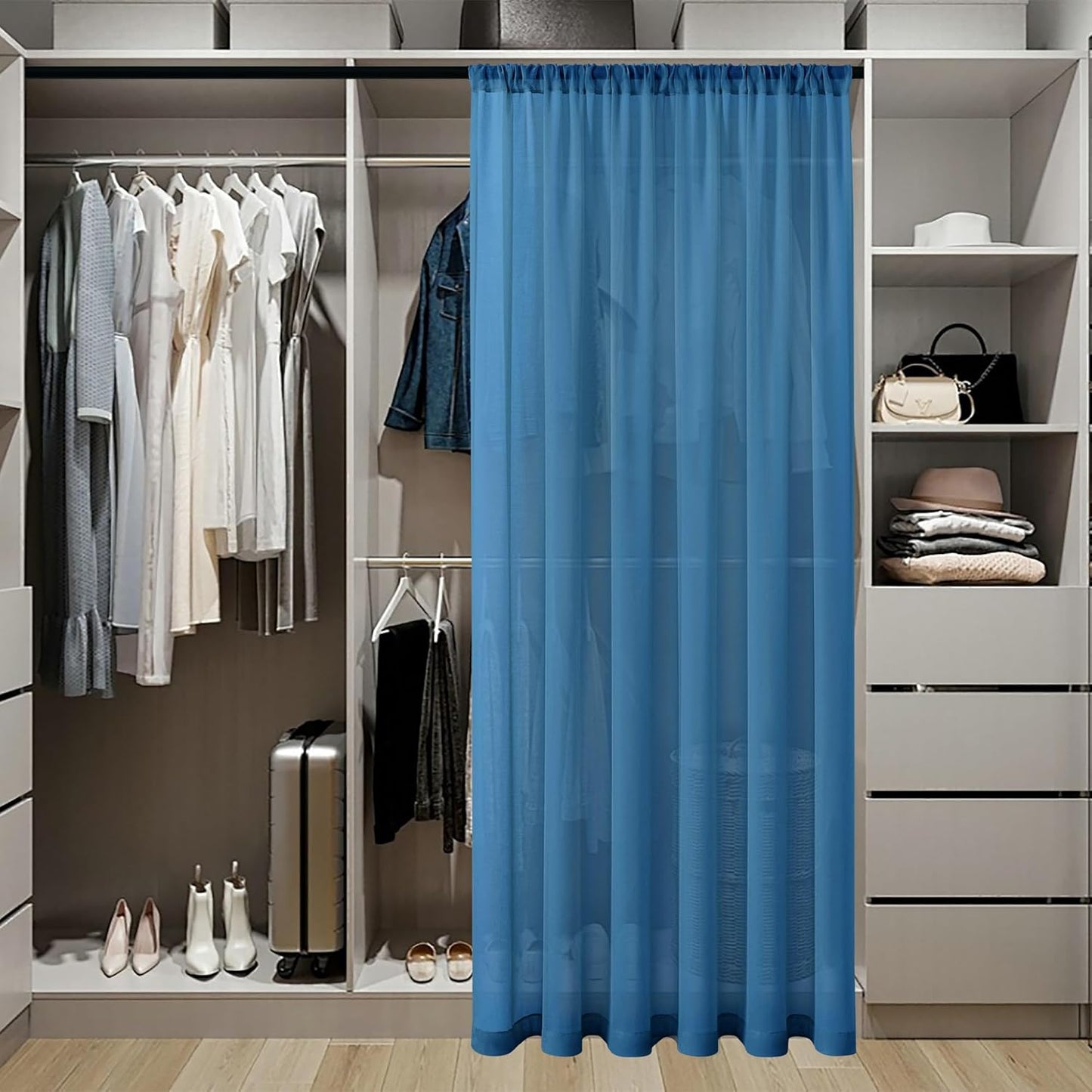 Tollpiz Sheer Curtains Closet Linen Textured Curtain Sheers Doorway Light Filtering Voile French Door Rod Pocket Curtains Patio Glass Door, 54 x 63 inches Long, Classic Blue, Set of 1 Panel