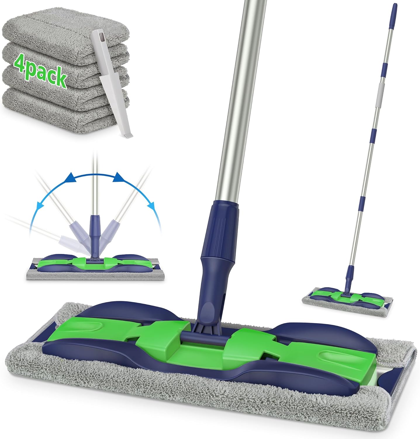 MEXERRIS Microfiber Mops for Hardwood Laminate Tile Floor Cleaning: Stainless Steel Handle - 4 Reusable Flat Mop Refills and 1 Dirt Removal Scrubber Included - Dry Dust Mop Commercial Home Use