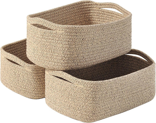 Small Baskets for Organizing, Woven Storage Baskets for Shelves, Small Rope Basket for Storage, Decorative Little Baskets for Gifts Empty, 13"×8.5"×5.1" (3 Packs) Brown
