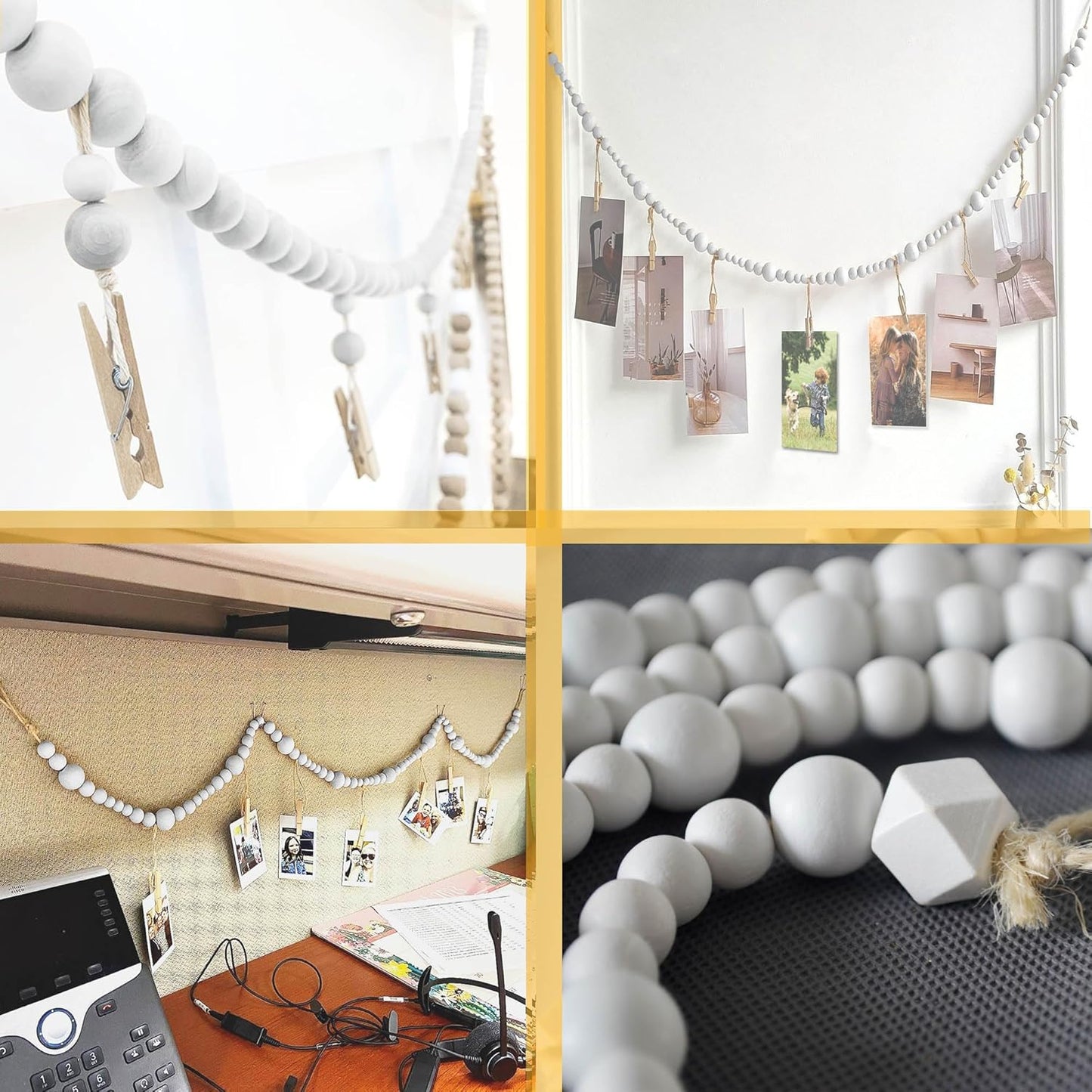 6 Feet Wooden Beads Garland with Clothespins Picture Cards Holder - Country Farmhouse Christmas Nursery Boho Holiday Decorations with Clips
