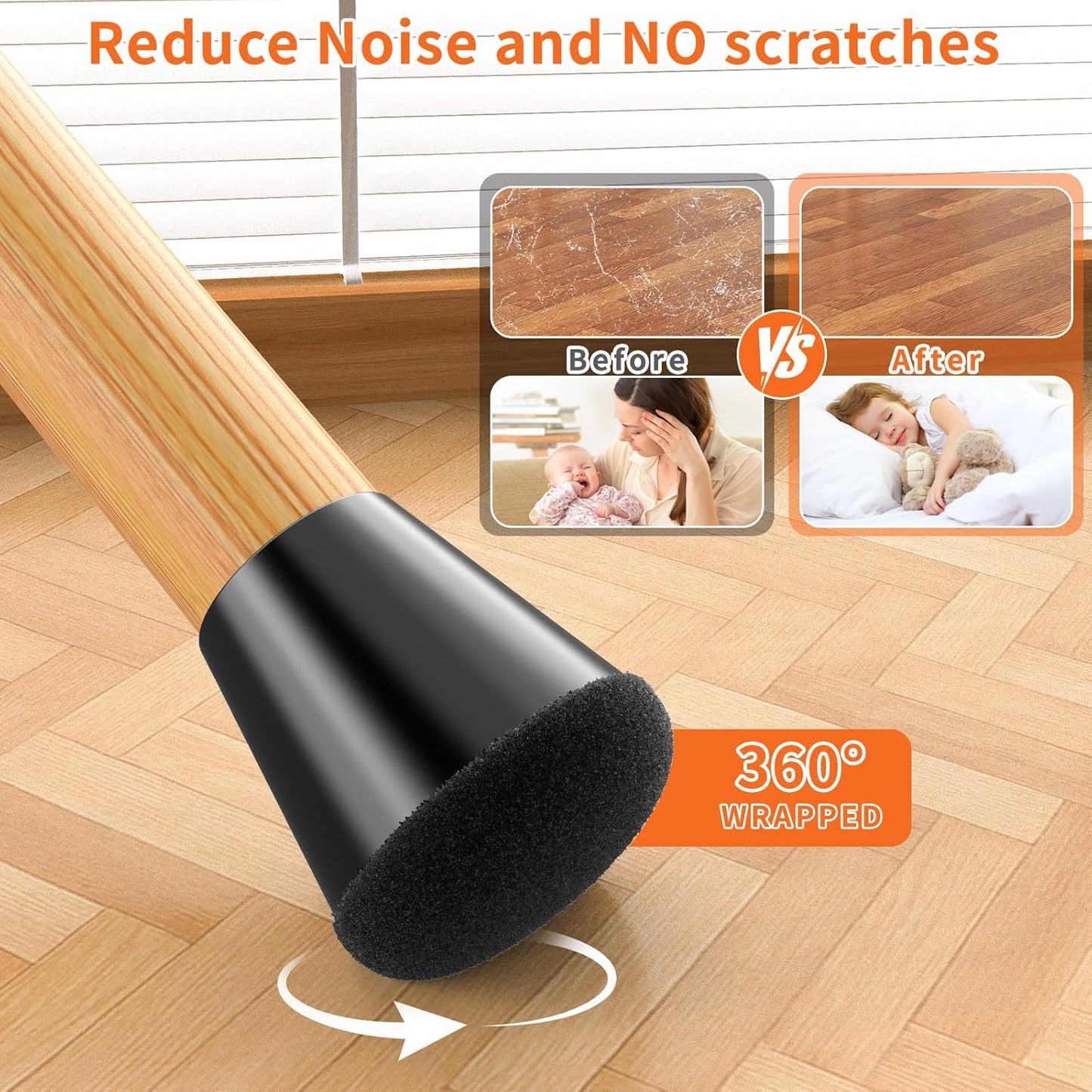 Chair Leg Floor Protectors Large 24Pcs,Silicone Chair Leg Protectors for Hardwood Floors/Tiles,360°Wrapped Felt Bottom to Prevent Scratch and Reduce Noise, Round Black