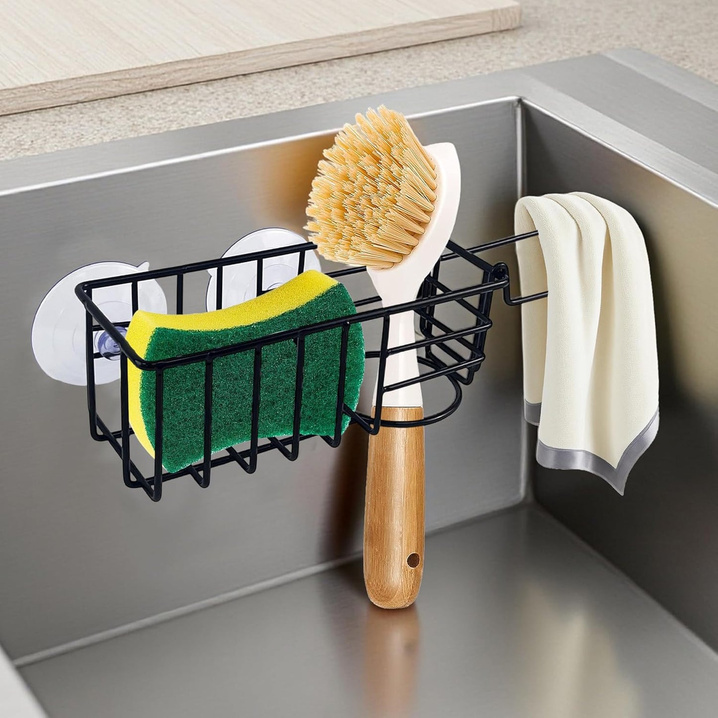 Sponge Holder with Dish Cloth Hanger for Kitchen Sink, In-sink Caddy Organizer with Suction Cups & Adhesive Strips, Rustproof Sponge Rack for Soap, Brush, Scrubber - Black