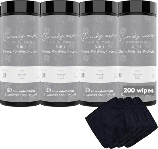 Swanky Stainless Steel Cleaner Wipes - Grime & Grease Remover Kitchen Cleaning Supplies - Clean & Shine, For Stove Top, Refrigerator, Sink, Oven, & Household Appliances - Canister, 200 Count
