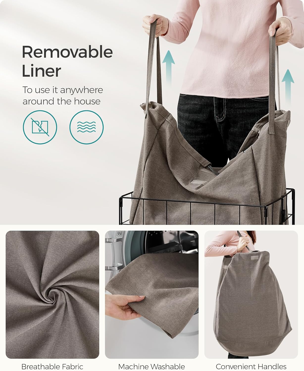 SONGMICS Laundry Hamper, 23.8 Gal. (90L) Laundry Basket, Collapsible Clothes Hamper, Removable and Washable Liner, Metal Wire Frame, for Bedroom Bathroom, Black and Camel Brown ULCB190N01