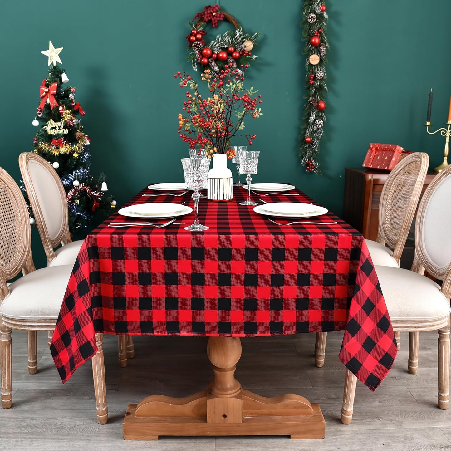 Gingham Xmas Tablecloth Fabric - Oblong 58x120 Water Resistant Christmas Plaid Table Cloth for Indoor/Outdoor Use - Red Tabletop Cover Perfect for Birthday, Picnics, Gardens
