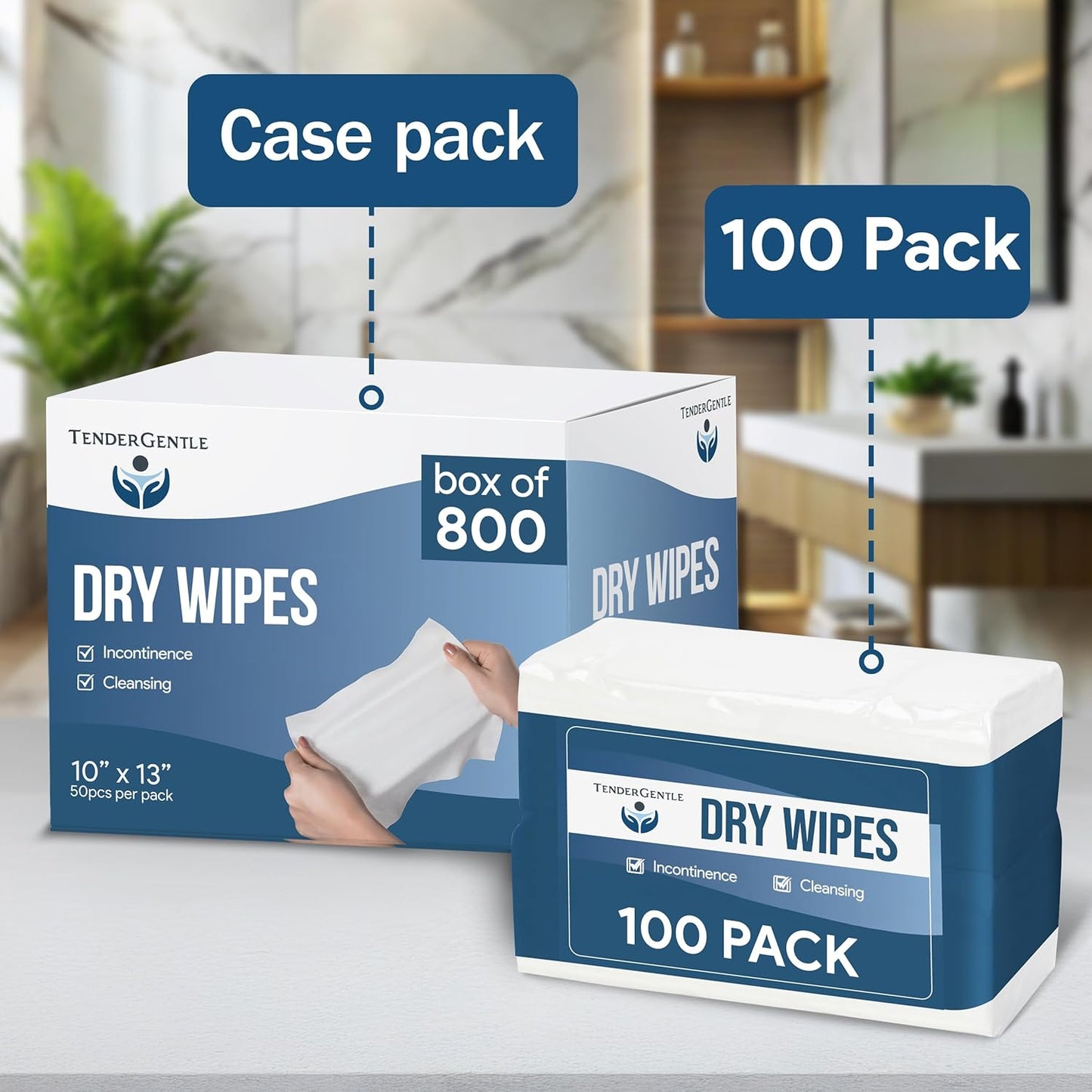 Dry Wipes for Adults - Case of 800 Unscented Disposable Washcloths - 10" x 13" Non Woven Wipes for Incontinence and Senior Care