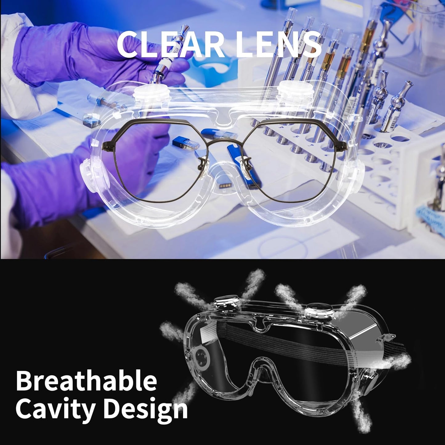 Safety Goggles ANSI Z87.1 - Anti-Fog Clear Lab Eye Protection for Over Glasses, Scratch-Resistant Lens (2 Pack)