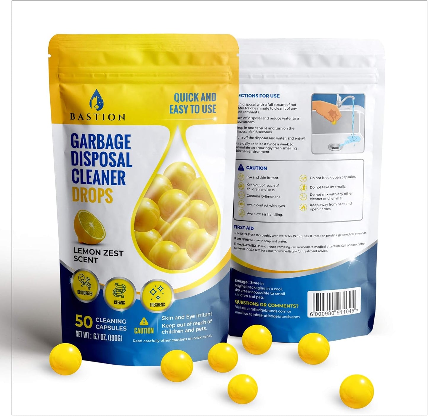 Bastion Garbage Disposal Cleaner and Deodorizer Drops- [[50-Count]] Lemon Zest Scented Kitchen Sink Freshener Pods & Drain Odor Eliminator Disposer Care Balls