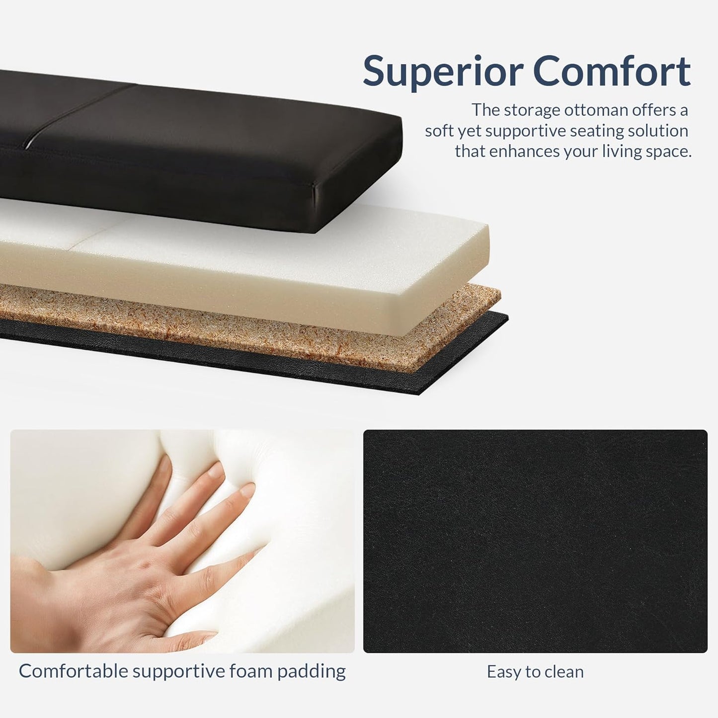 BELLEZE Storage Faux Leather Ottoman, 47 Inch Bench Bedroom Bench with Safety Close Hinge, Extra Long Ottoman with Storage for Living Room, Entryway, Hallway, Foot Rest, Support 300lbs - Black