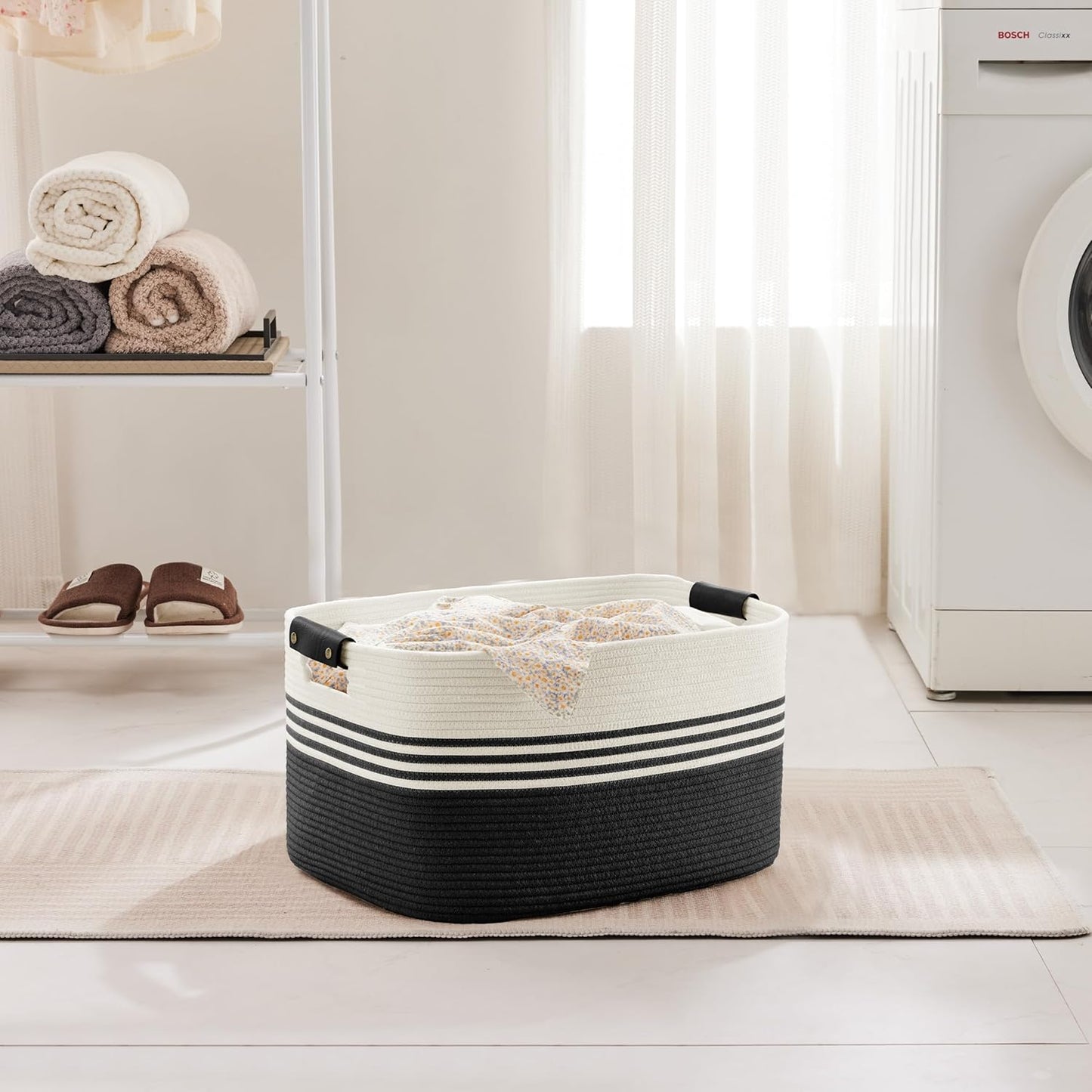 45L Small Laundry Basket with Leather Handles for Living Room Storage, Woven Rope Baskets Bin for Blanket, Kids Toy, Gifts, Wicker Hamper for Bedroom Dirty Clothes, 18"x14"x11" White Black