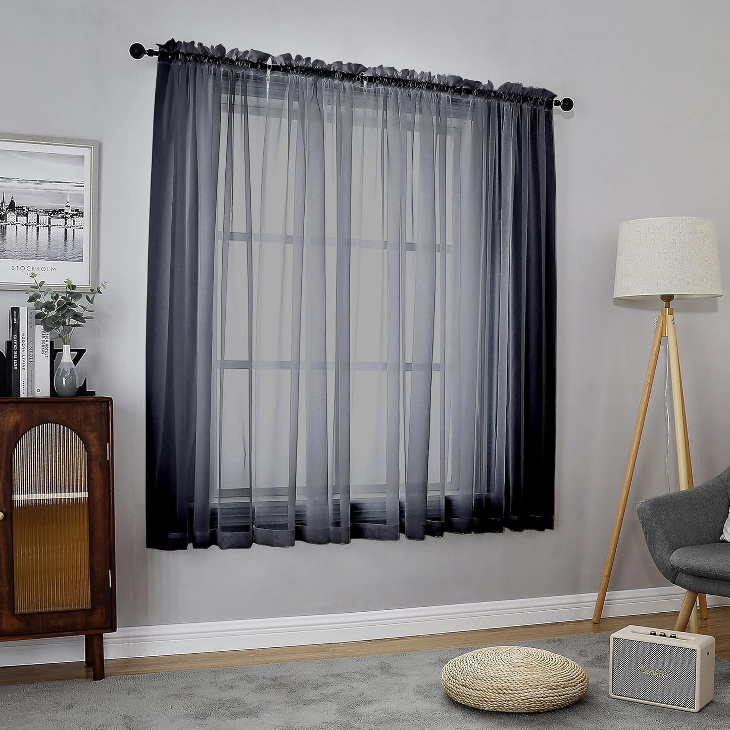 Chyhomenyc Black Sheer Window Curtain Panels 54 Inch 2 Panels, Light Filtering Solid Voile Curtains Drapes for Small Window/Bathroom/Living Room/Bedroom, Rod Pocket, Each 42Wx54L