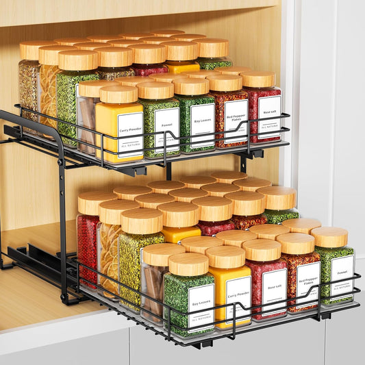RCHYFEED Spice Organization for Cabinet,2 Tier Pull out Spice Rack Organizer for Inside Cabinets & Pantry, Slide out Heavy Duty Spice Shelf Rack for Kitchen Seasoning (11.5" Wx10.5 Dx9.5 H)