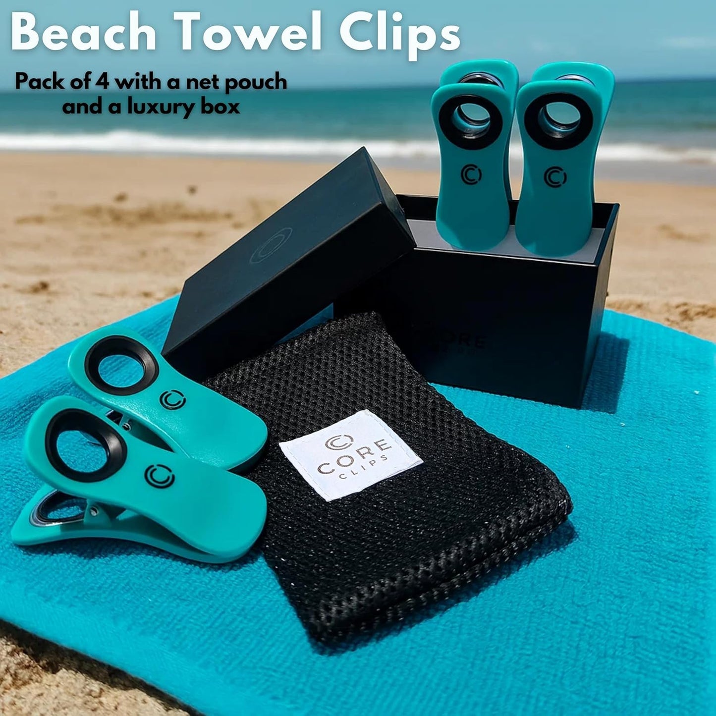 CoreClips Towel Clips for Beach Chairs - Set of 4 Pool Towel Holder Clips for Lounge Chairs on Cruise, Large 2.5” Opening Heavy Duty Clip for Towels on Boat Loungers with Travel Pouch - Turquoise