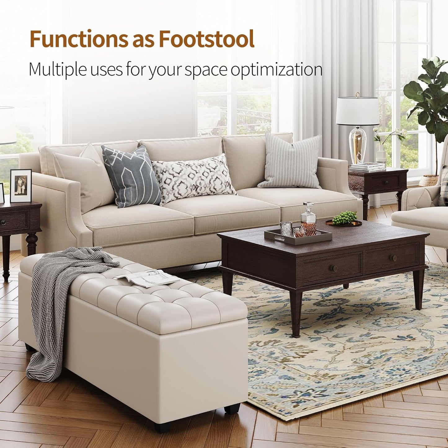 Small 38 Inches Long White Ottoman Bench with Storage,Footstool Furniture End of Bed Benches,Faux Leather Ottomans and Seat for Foot Rest in Bedroom, Living Room, Entryway